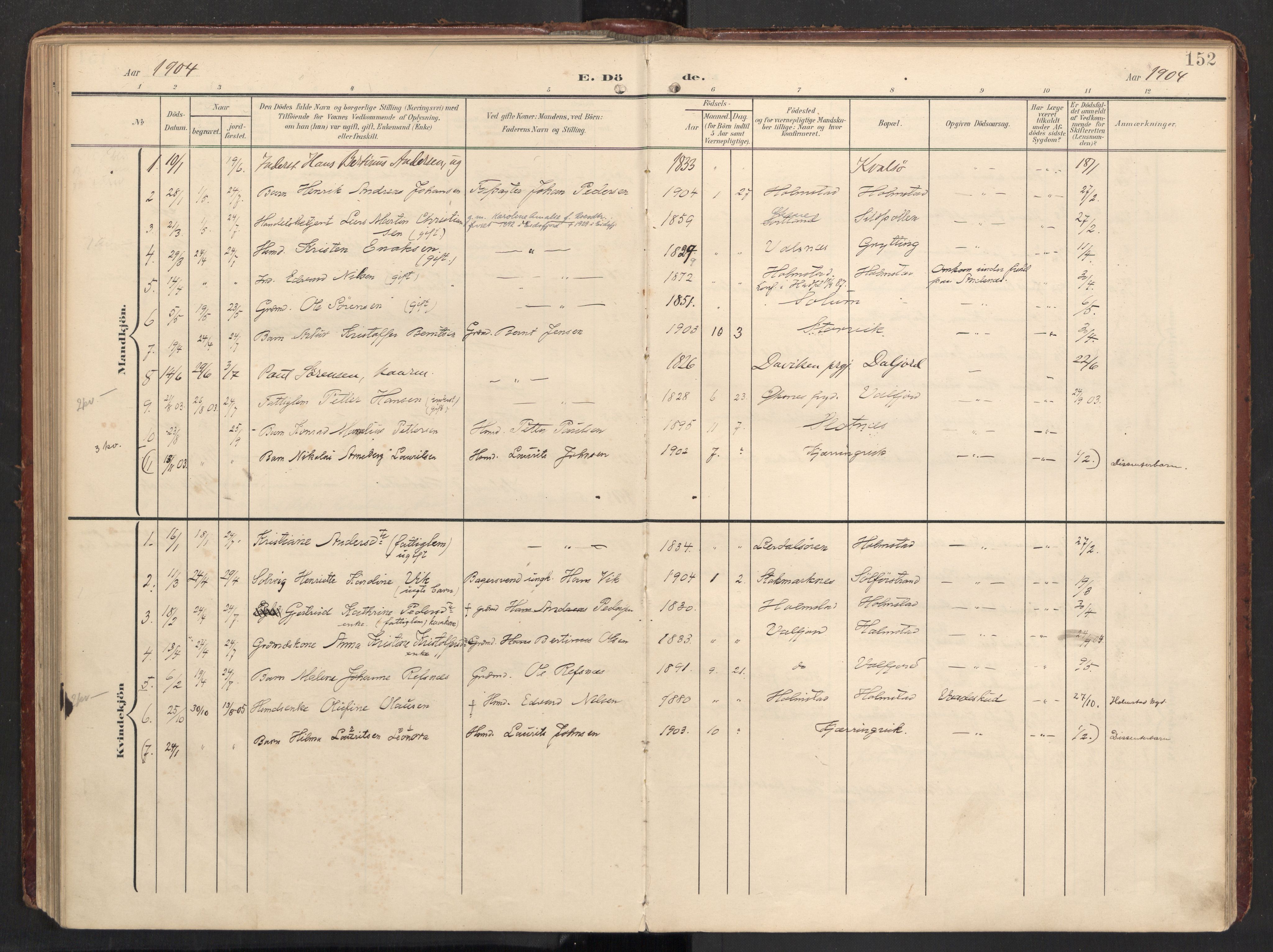 Ministerialprotokoller, klokkerbøker og fødselsregistre - Nordland, SAT/A-1459/890/L1287: Parish register (official) no. 890A02, 1903-1915, p. 152