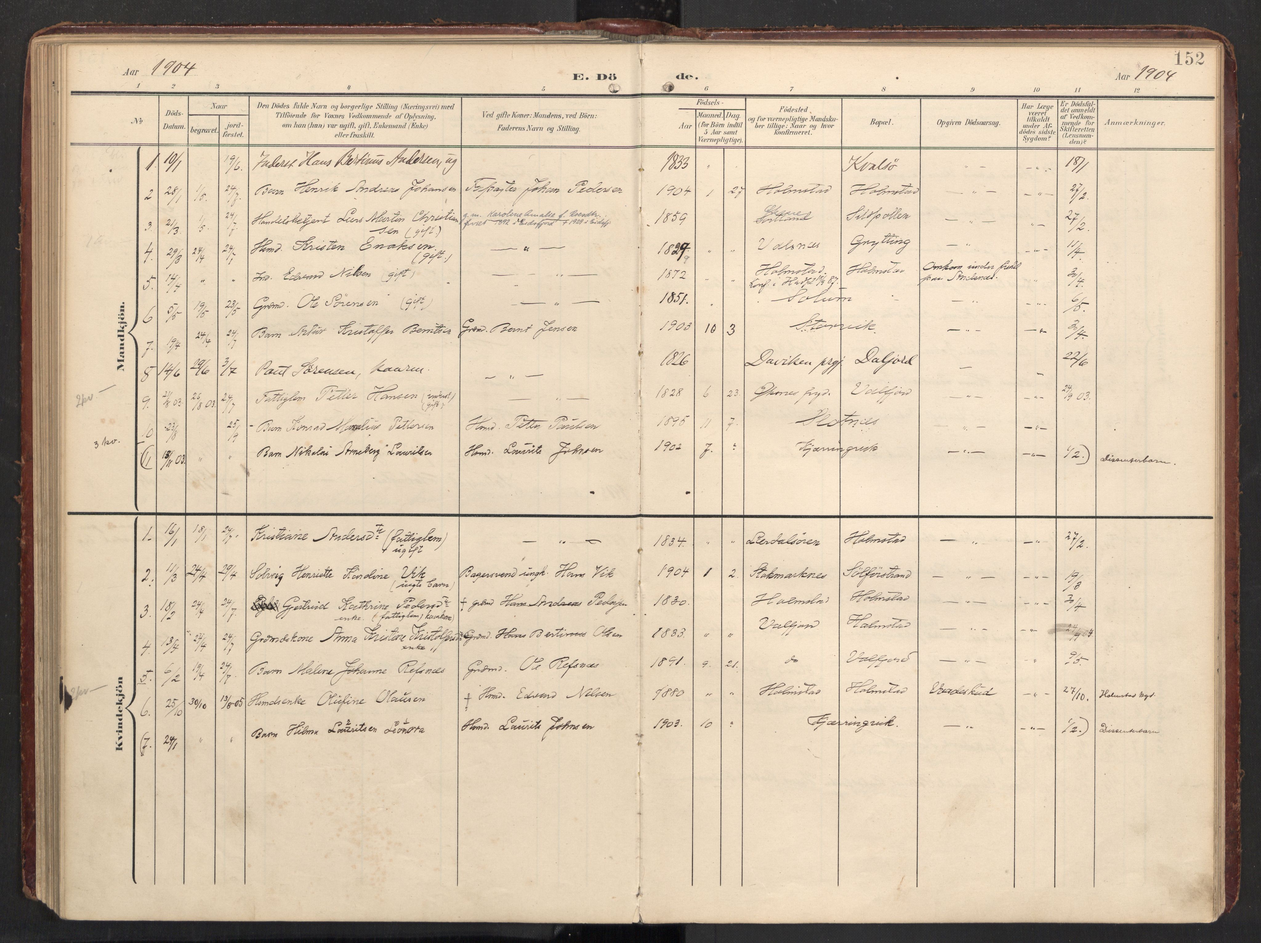 Ministerialprotokoller, klokkerbøker og fødselsregistre - Nordland, AV/SAT-A-1459/890/L1287: Parish register (official) no. 890A02, 1903-1915, p. 152
