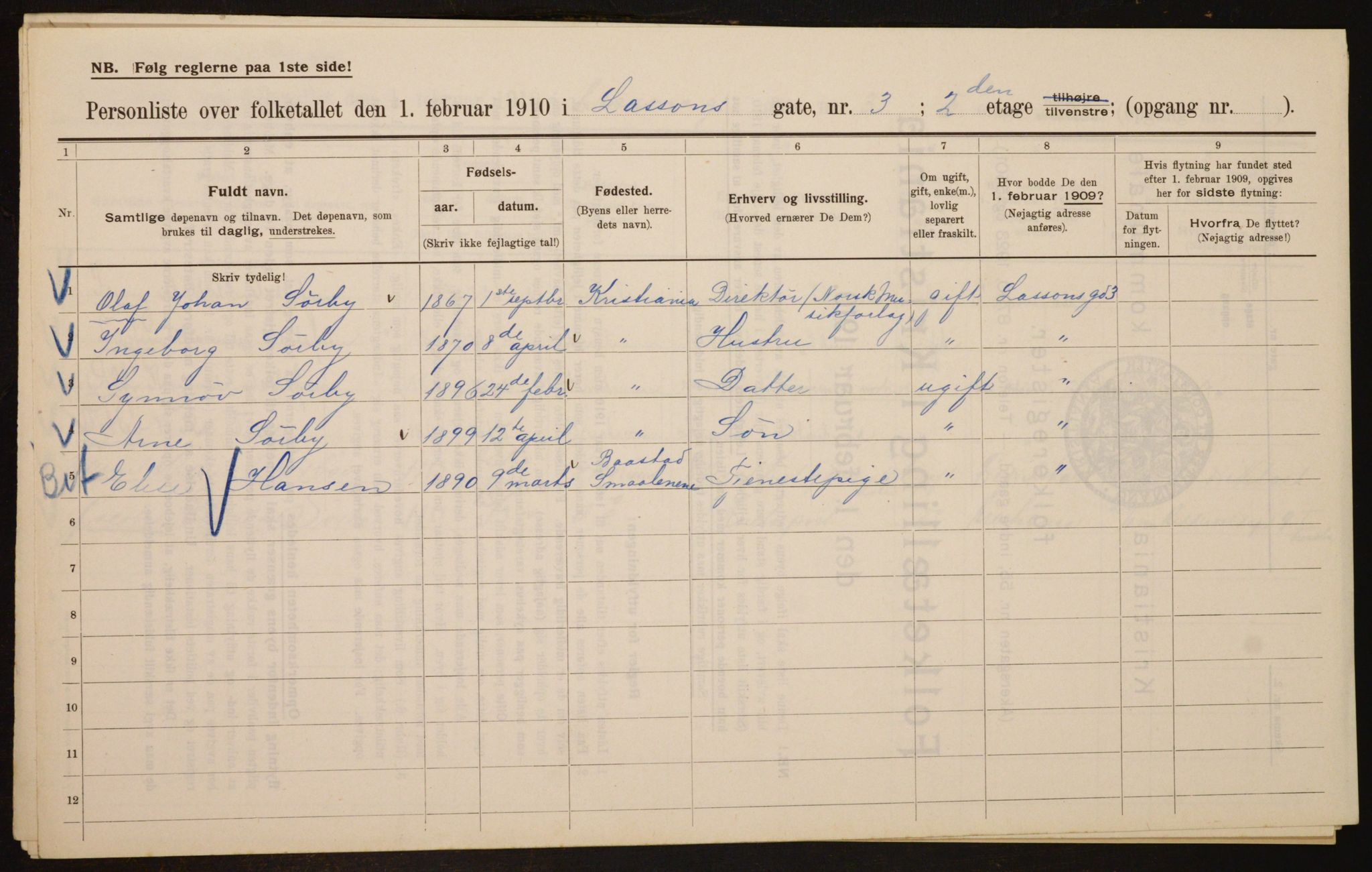 OBA, Municipal Census 1910 for Kristiania, 1910, p. 55275