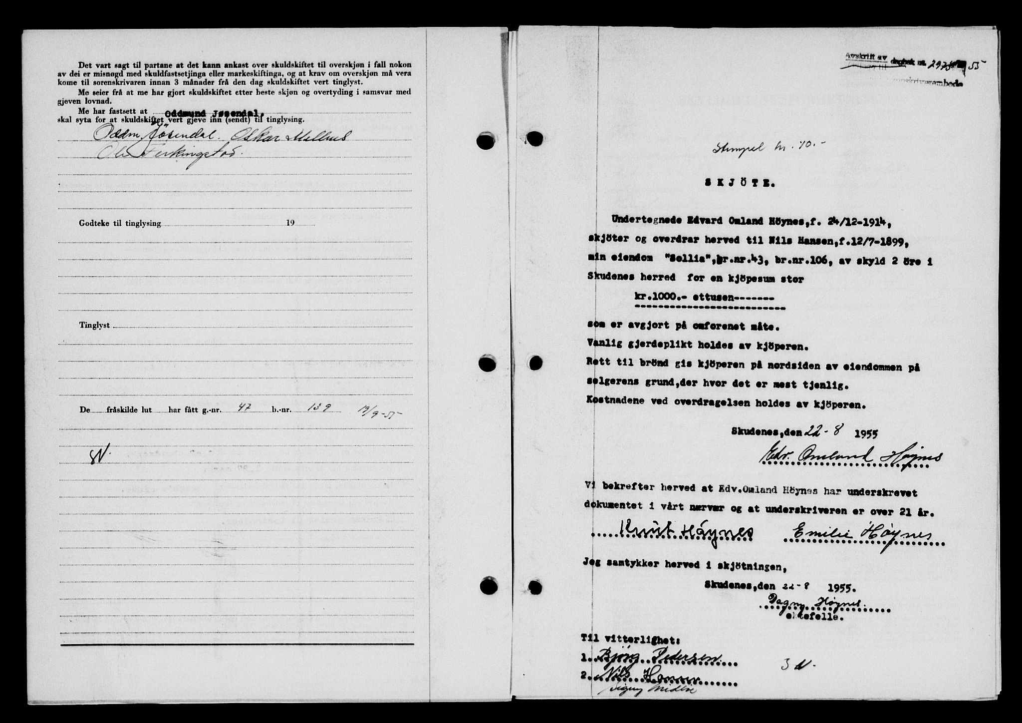 Karmsund sorenskriveri, SAST/A-100311/01/II/IIB/L0117: Mortgage book no. 97Aa, 1955-1955, Diary no: : 2973/1955