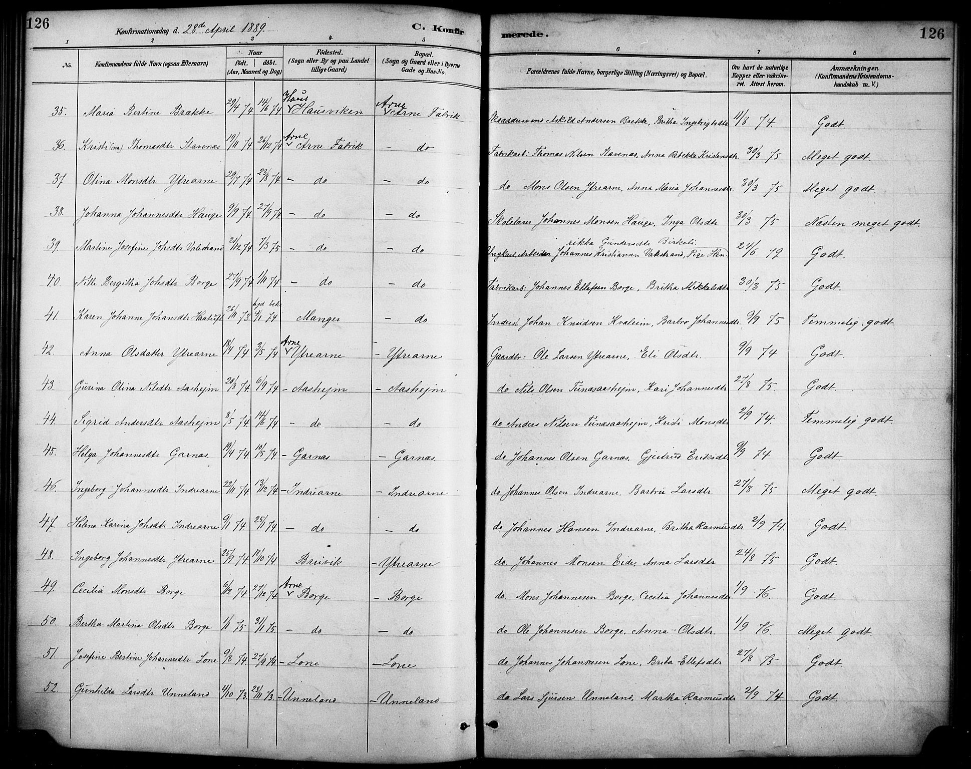 Haus sokneprestembete, AV/SAB-A-75601/H/Haa/Haad/L0001: Parish register (official) no. D 1, 1887-1898, p. 126