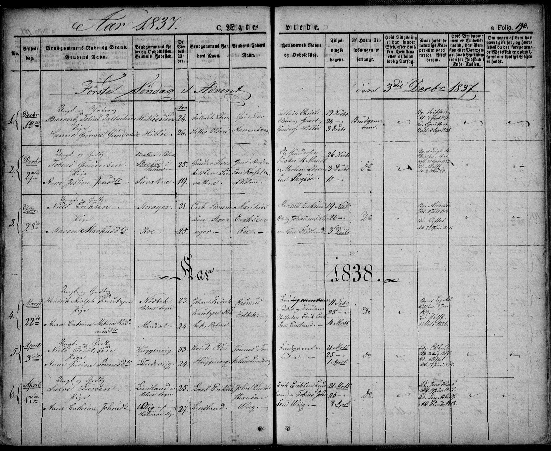 Mandal sokneprestkontor, AV/SAK-1111-0030/F/Fa/Faa/L0011: Parish register (official) no. A 11, 1830-1839, p. 190