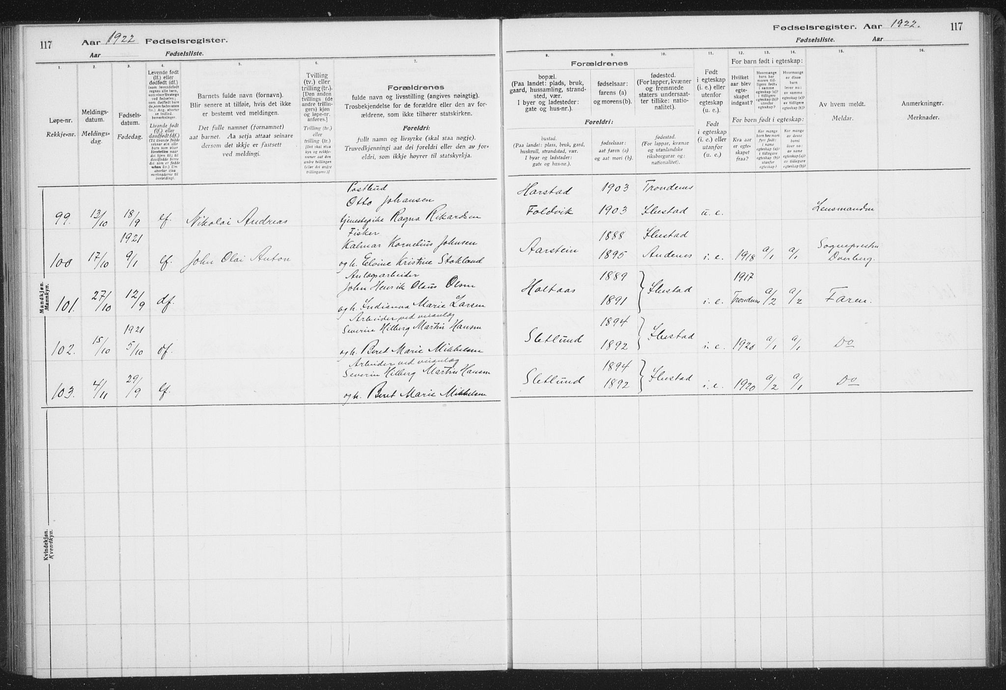 Ibestad sokneprestembete, AV/SATØ-S-0077/I/Ic/L0061: Birth register no. 61, 1917-1929, p. 117