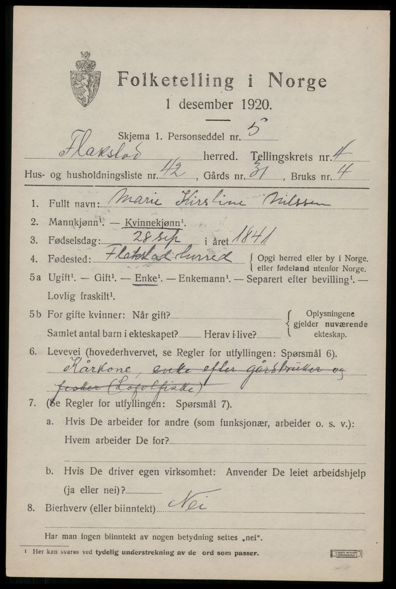 SAT, 1920 census for Flakstad, 1920, p. 3401