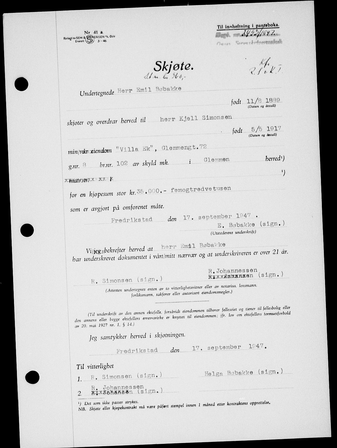 Onsøy sorenskriveri, SAO/A-10474/G/Ga/Gab/L0021: Mortgage book no. II A-21, 1947-1947, Diary no: : 2453/1947