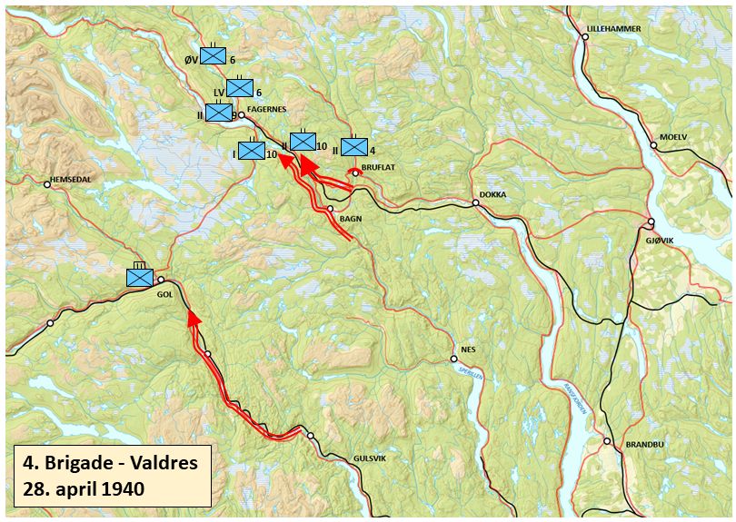 Forsvaret, Forsvarets krigshistoriske avdeling, RA/RAFA-2017/Y/Yb/L0000: Oversikt over 4. brigades organisering i april 1940. Situasjonskart for perioden 20.-30. april 1940. Ved Oblt. / Cand. Phil. Knut Werner-Hagen, april 2020., 1940, p. 6