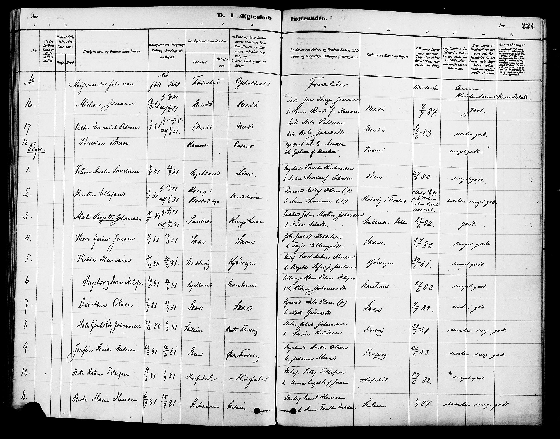 Tromøy sokneprestkontor, AV/SAK-1111-0041/F/Fa/L0009: Parish register (official) no. A 9, 1878-1896, p. 224