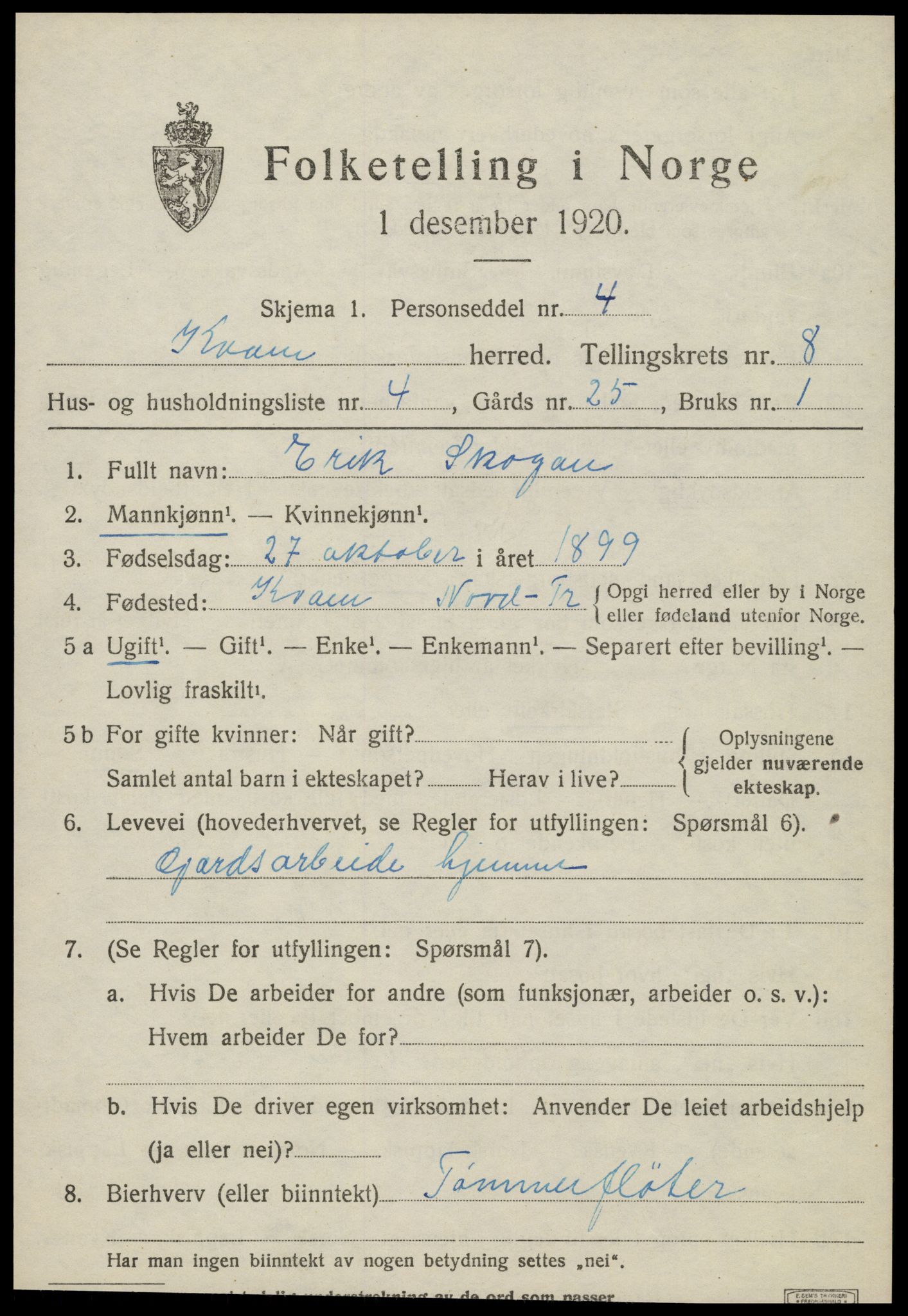 SAT, 1920 census for Kvam, 1920, p. 2029