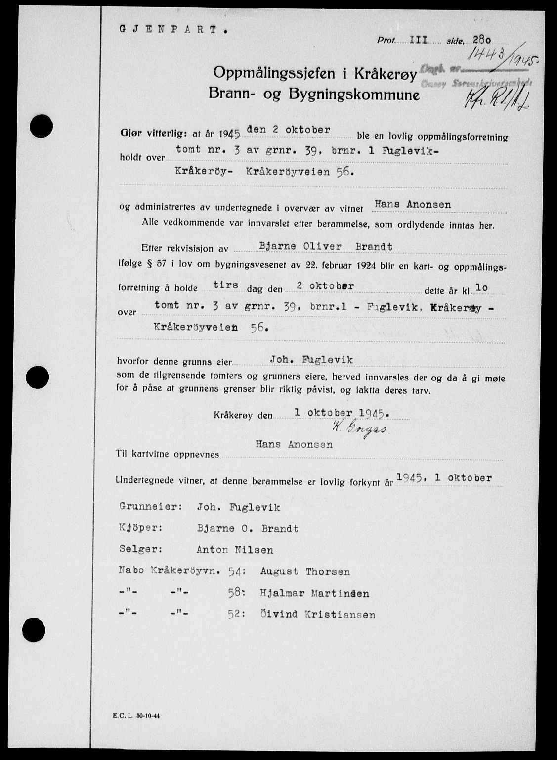Onsøy sorenskriveri, SAO/A-10474/G/Ga/Gab/L0015: Mortgage book no. II A-15, 1945-1946, Diary no: : 1443/1945