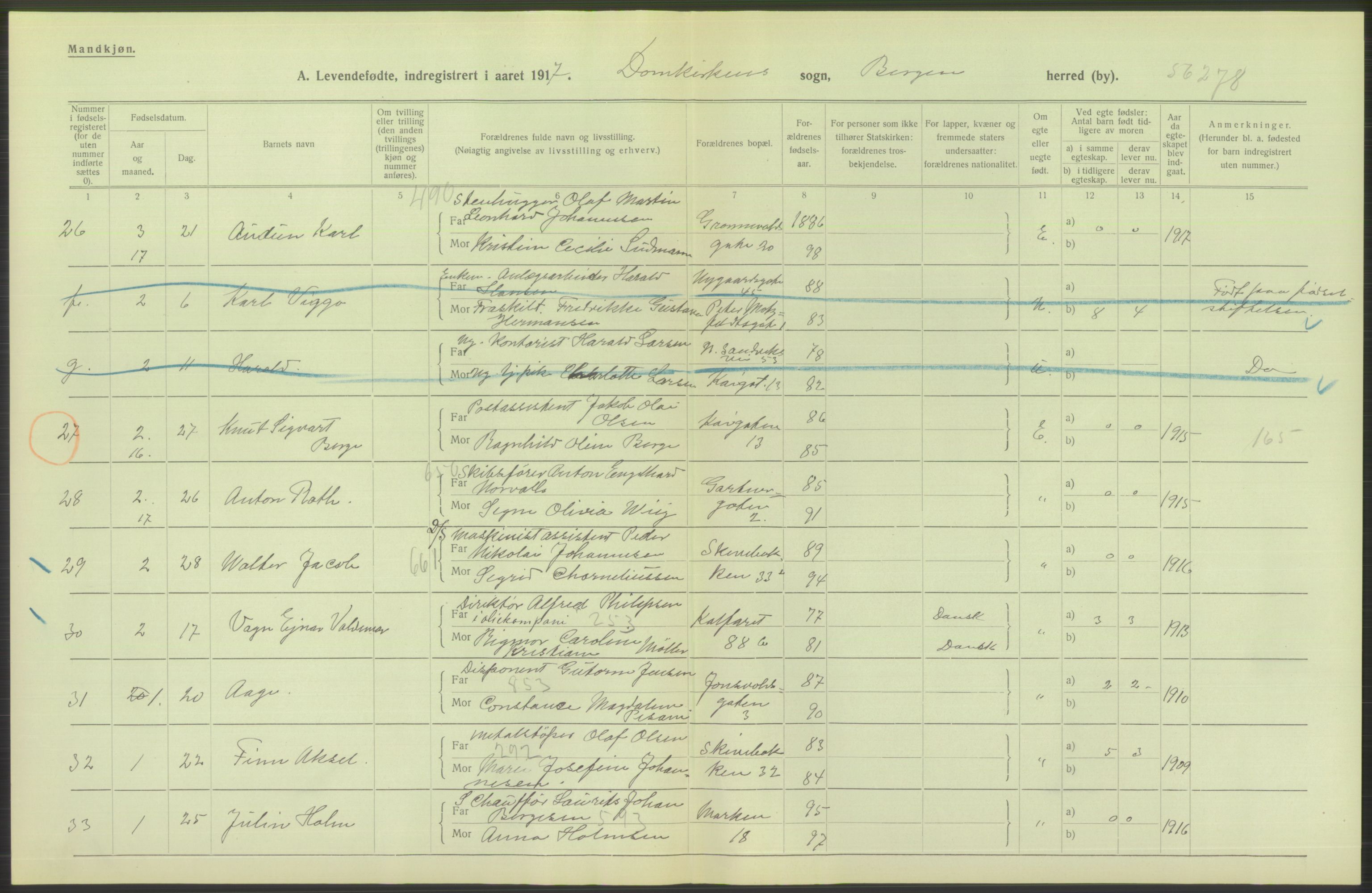 Statistisk sentralbyrå, Sosiodemografiske emner, Befolkning, AV/RA-S-2228/D/Df/Dfb/Dfbg/L0037: Bergen: Levendefødte menn og kvinner., 1917, p. 56