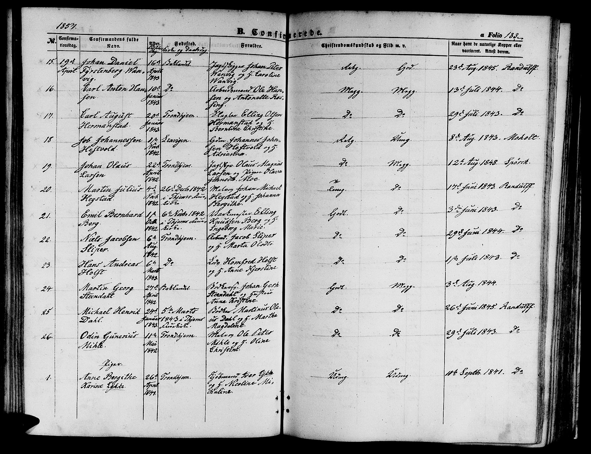 Ministerialprotokoller, klokkerbøker og fødselsregistre - Sør-Trøndelag, SAT/A-1456/602/L0138: Parish register (copy) no. 602C06, 1853-1858, p. 183