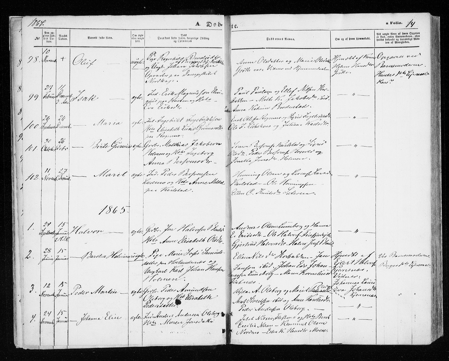 Målselv sokneprestembete, SATØ/S-1311/G/Ga/Gaa/L0004kirke: Parish register (official) no. 4, 1863-1872, p. 14