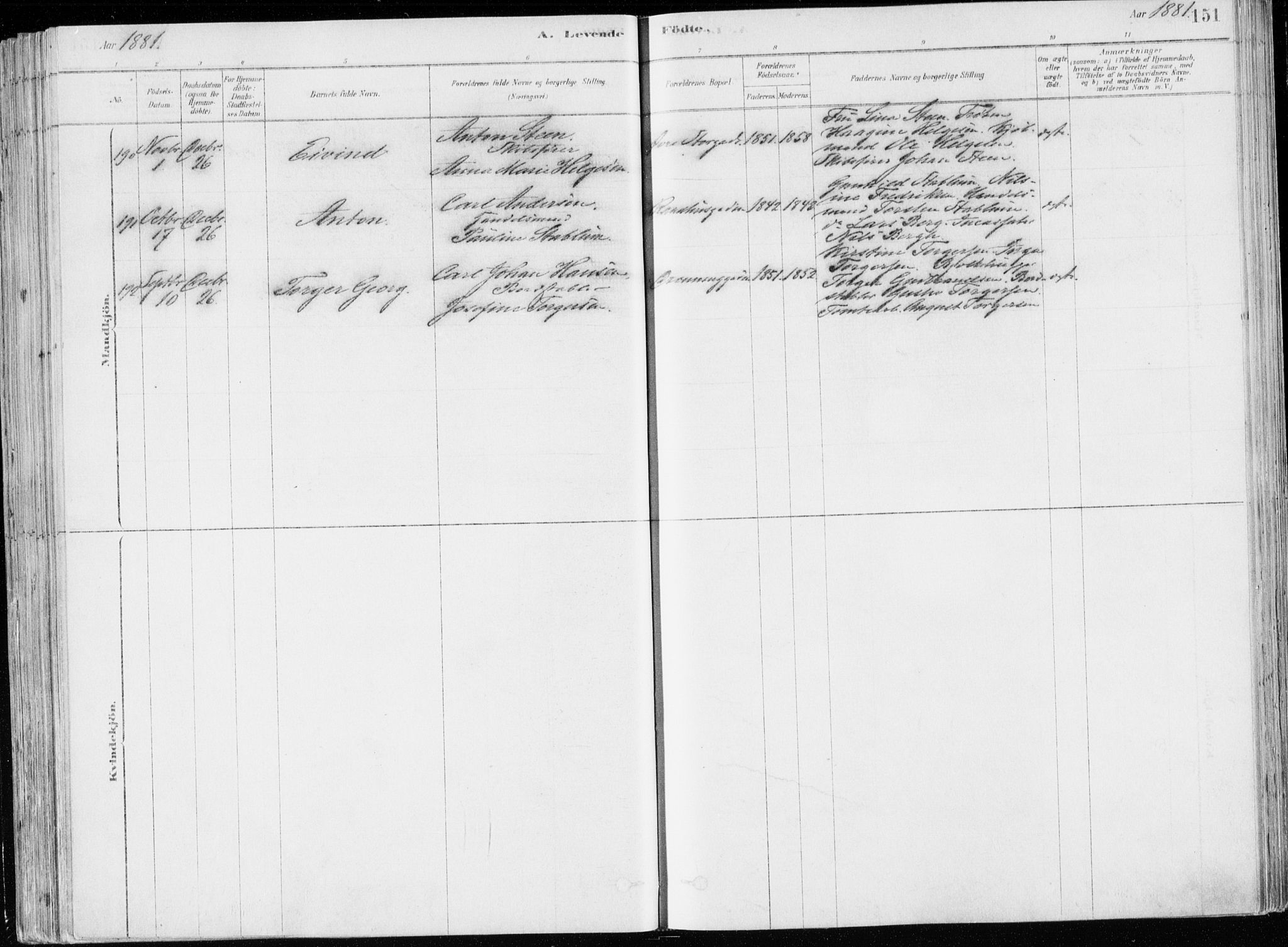 Bragernes kirkebøker, SAKO/A-6/F/Fb/L0006a: Parish register (official) no. II 6A, 1878-1885, p. 151