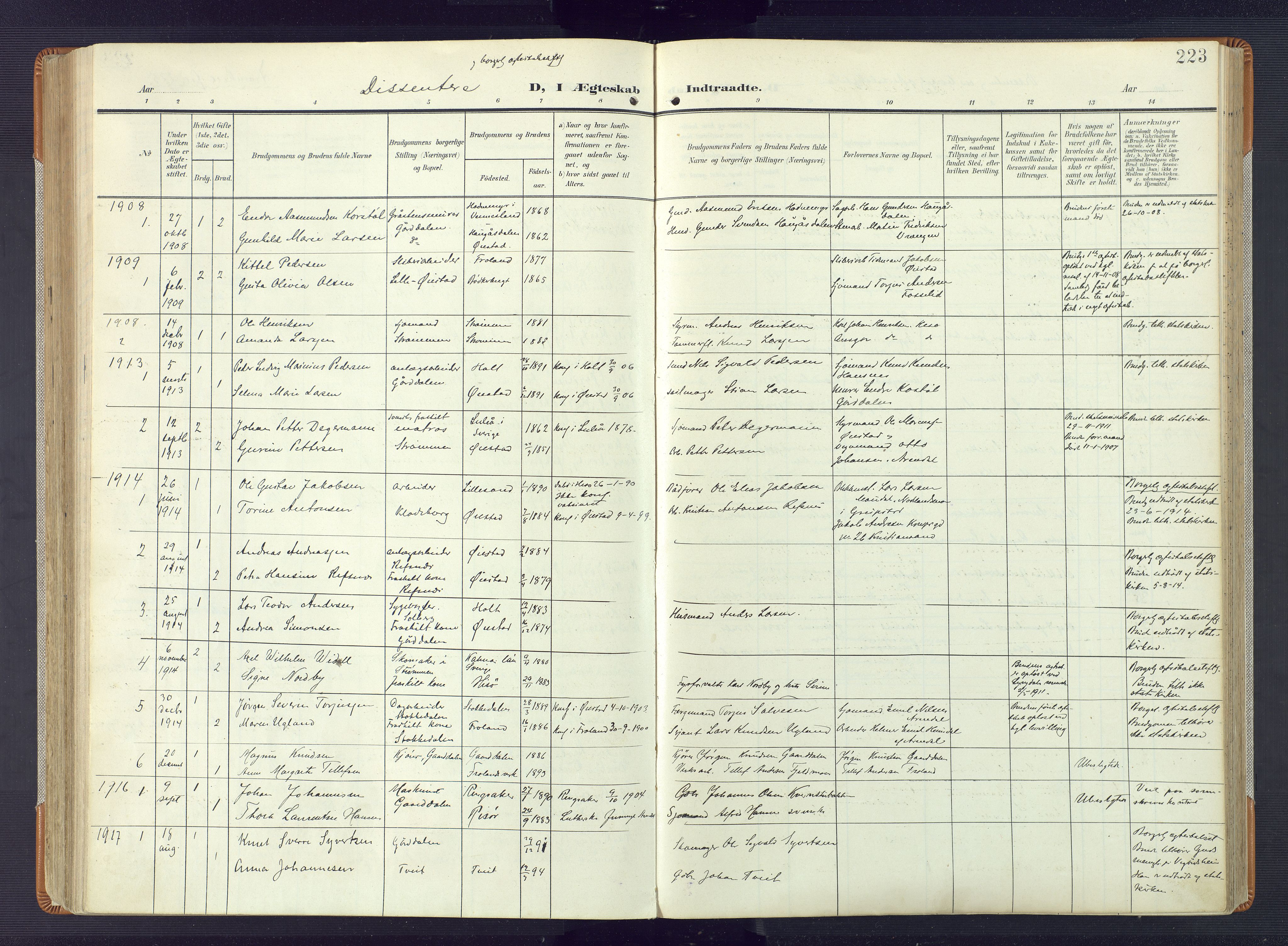 Øyestad sokneprestkontor, SAK/1111-0049/F/Fa/L0019: Parish register (official) no. A 19, 1908-1922, p. 223