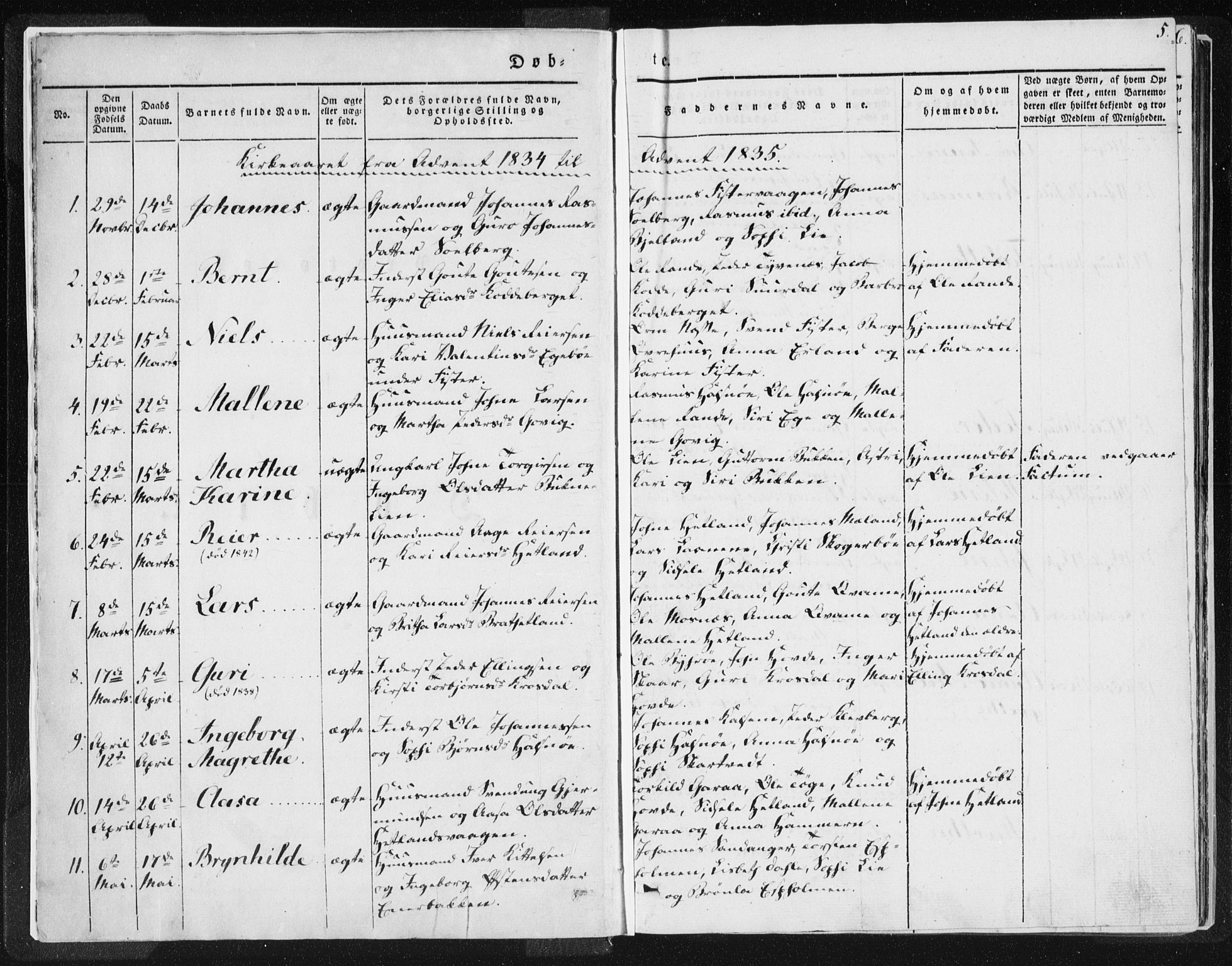 Hjelmeland sokneprestkontor, SAST/A-101843/01/IV/L0007: Parish register (official) no. A 7, 1834-1850, p. 5
