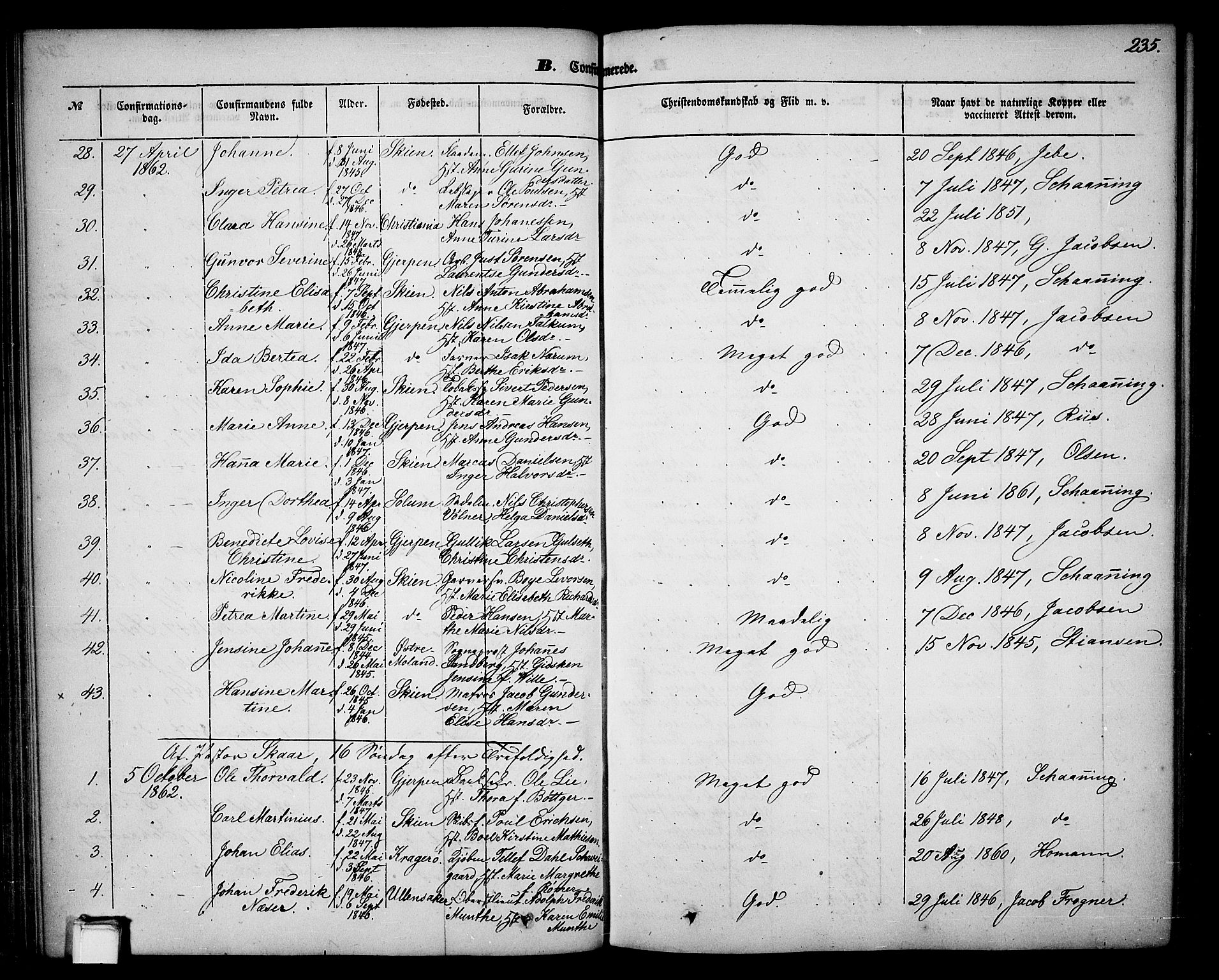 Skien kirkebøker, AV/SAKO-A-302/G/Ga/L0004: Parish register (copy) no. 4, 1843-1867, p. 235