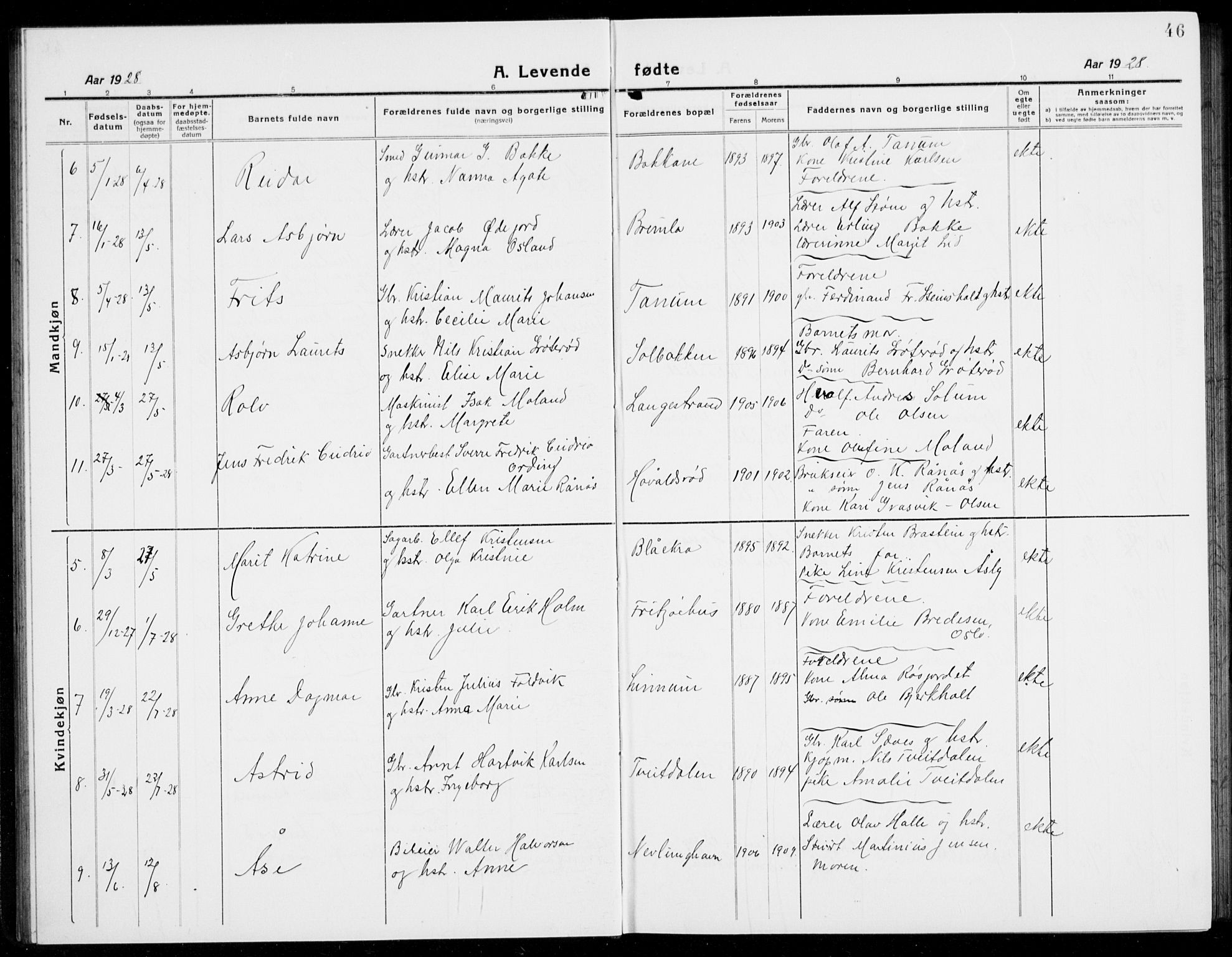 Brunlanes kirkebøker, SAKO/A-342/G/Ga/L0005: Parish register (copy) no. I 5, 1918-1941, p. 46
