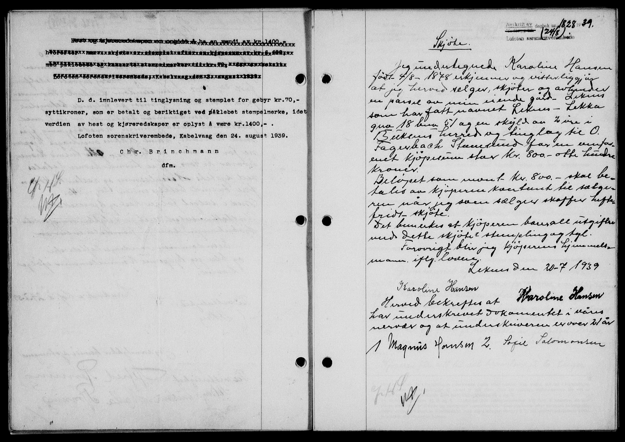 Lofoten sorenskriveri, SAT/A-0017/1/2/2C/L0006a: Mortgage book no. 6a, 1939-1939, Diary no: : 1828/1939