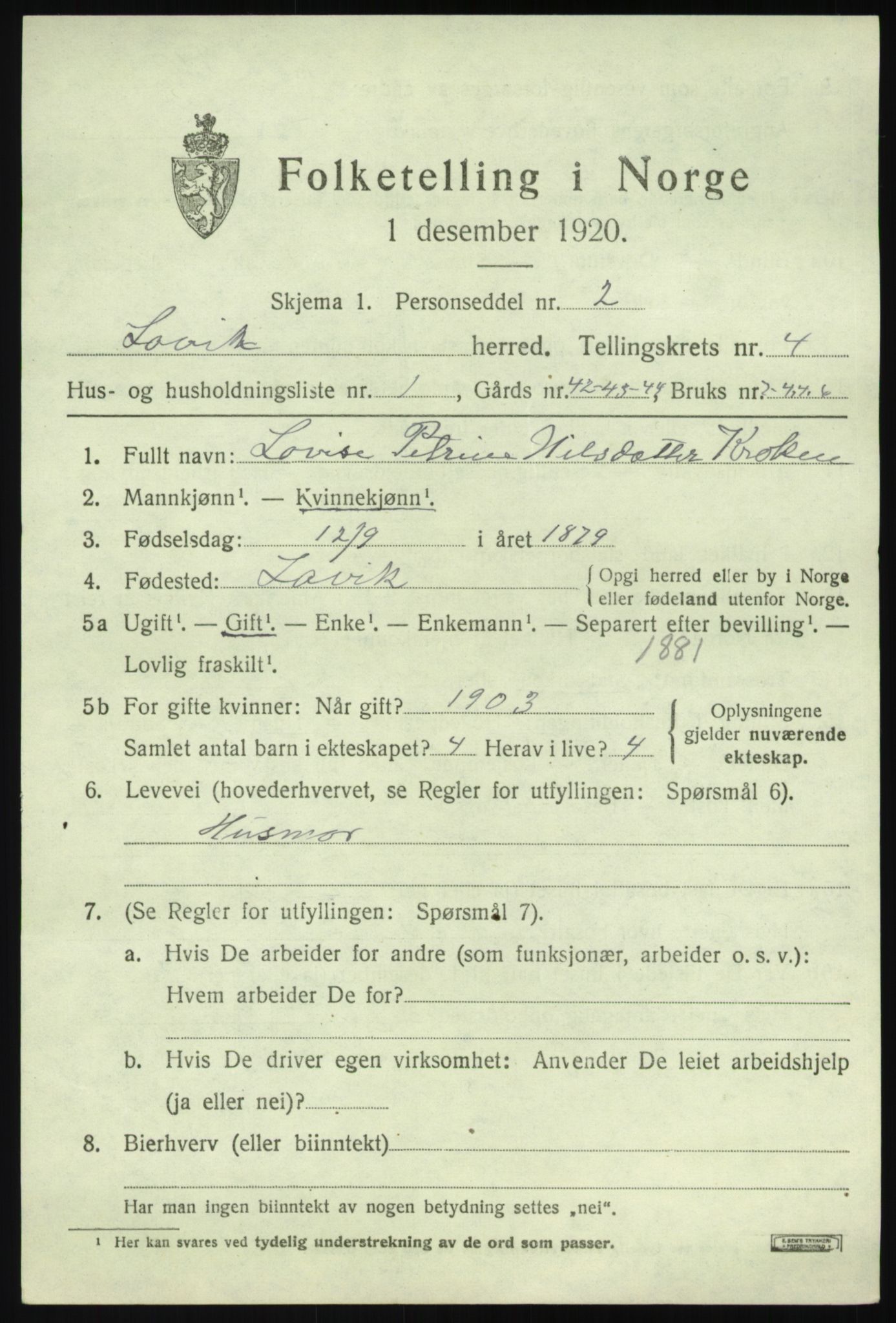 SAB, 1920 census for Lavik, 1920, p. 748