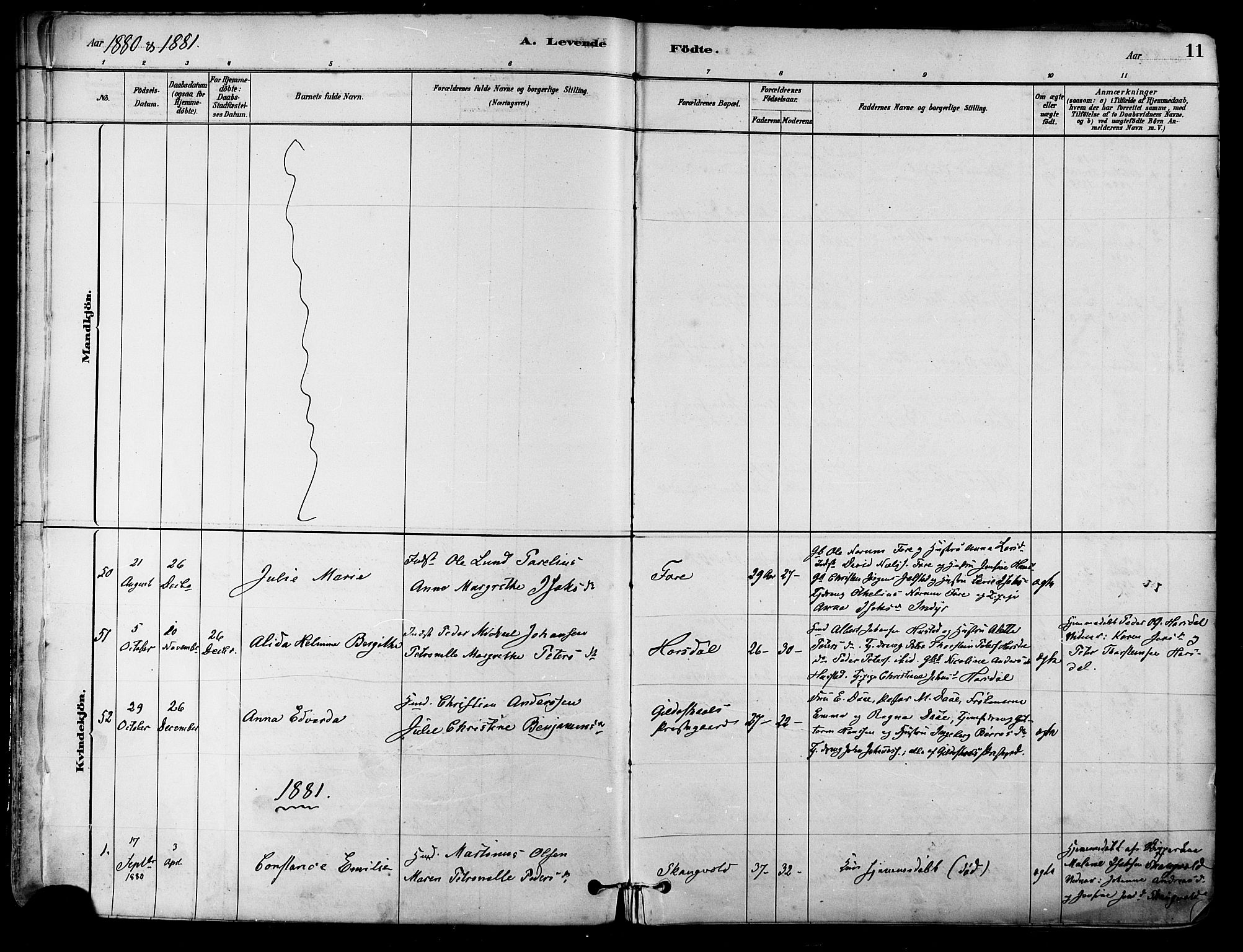 Ministerialprotokoller, klokkerbøker og fødselsregistre - Nordland, AV/SAT-A-1459/805/L0099: Parish register (official) no. 805A06, 1880-1891, p. 11