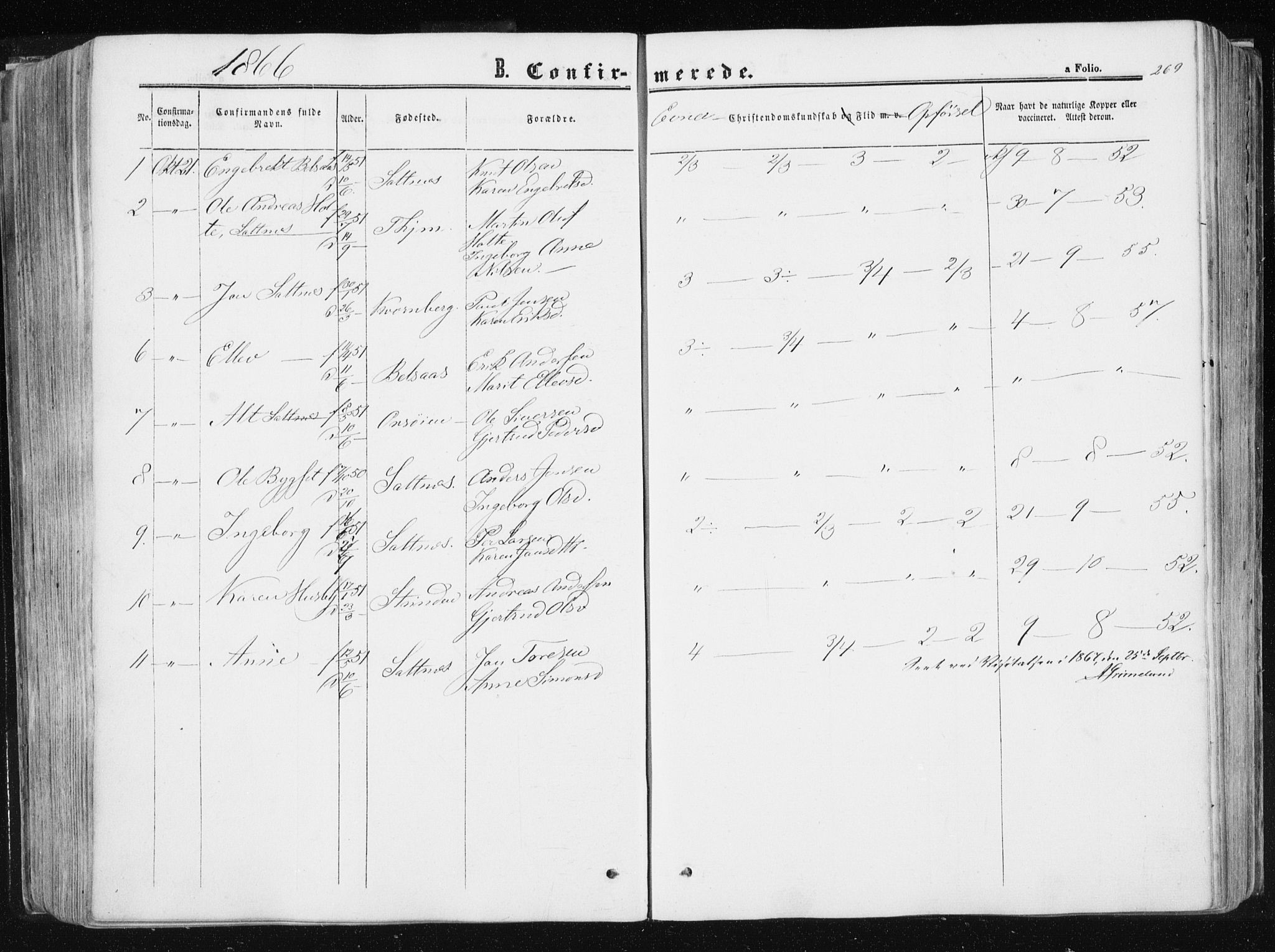 Ministerialprotokoller, klokkerbøker og fødselsregistre - Sør-Trøndelag, SAT/A-1456/612/L0377: Parish register (official) no. 612A09, 1859-1877, p. 269