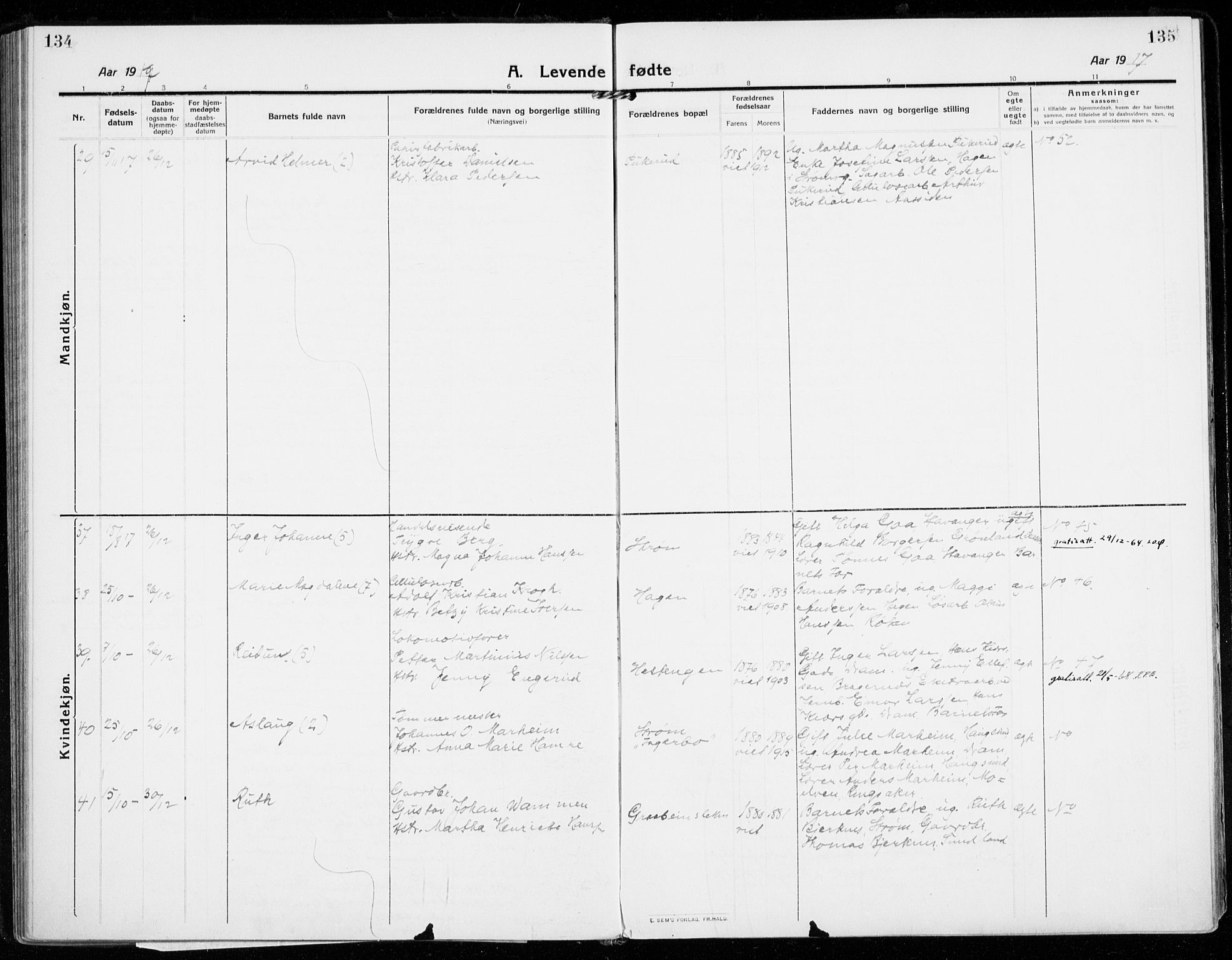 Strømsgodset kirkebøker, AV/SAKO-A-324/F/Fa/L0002: Parish register (official) no. 2, 1910-1920, p. 134-135