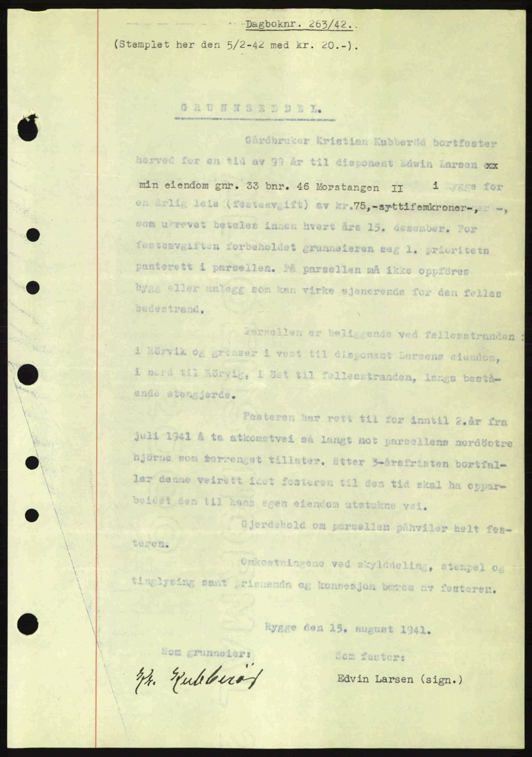 Moss sorenskriveri, SAO/A-10168: Mortgage book no. A9, 1941-1942, Diary no: : 263/1942