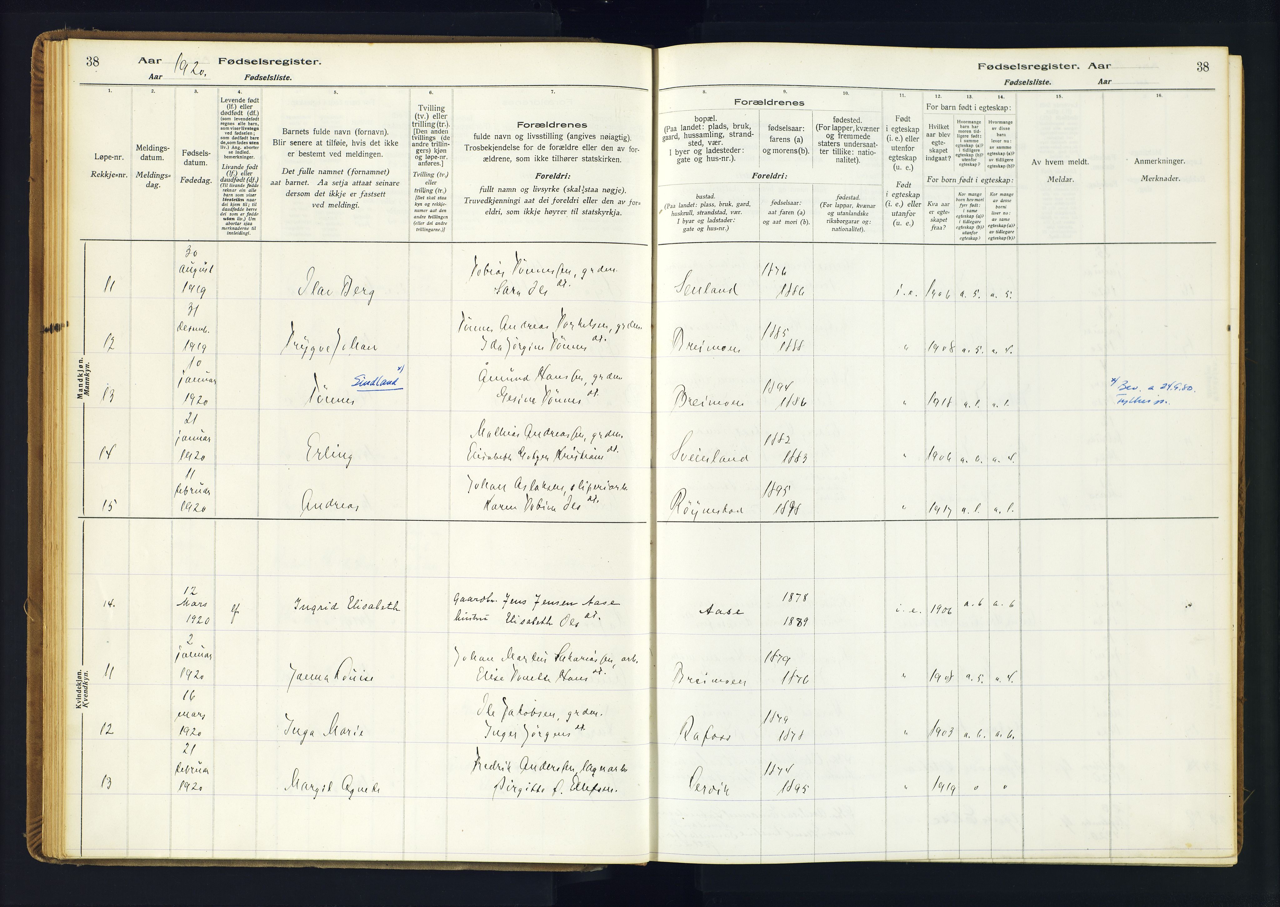 Kvinesdal sokneprestkontor, AV/SAK-1111-0026/J/Ja/L0001: Birth register no. 1, 1916-1941, p. 38