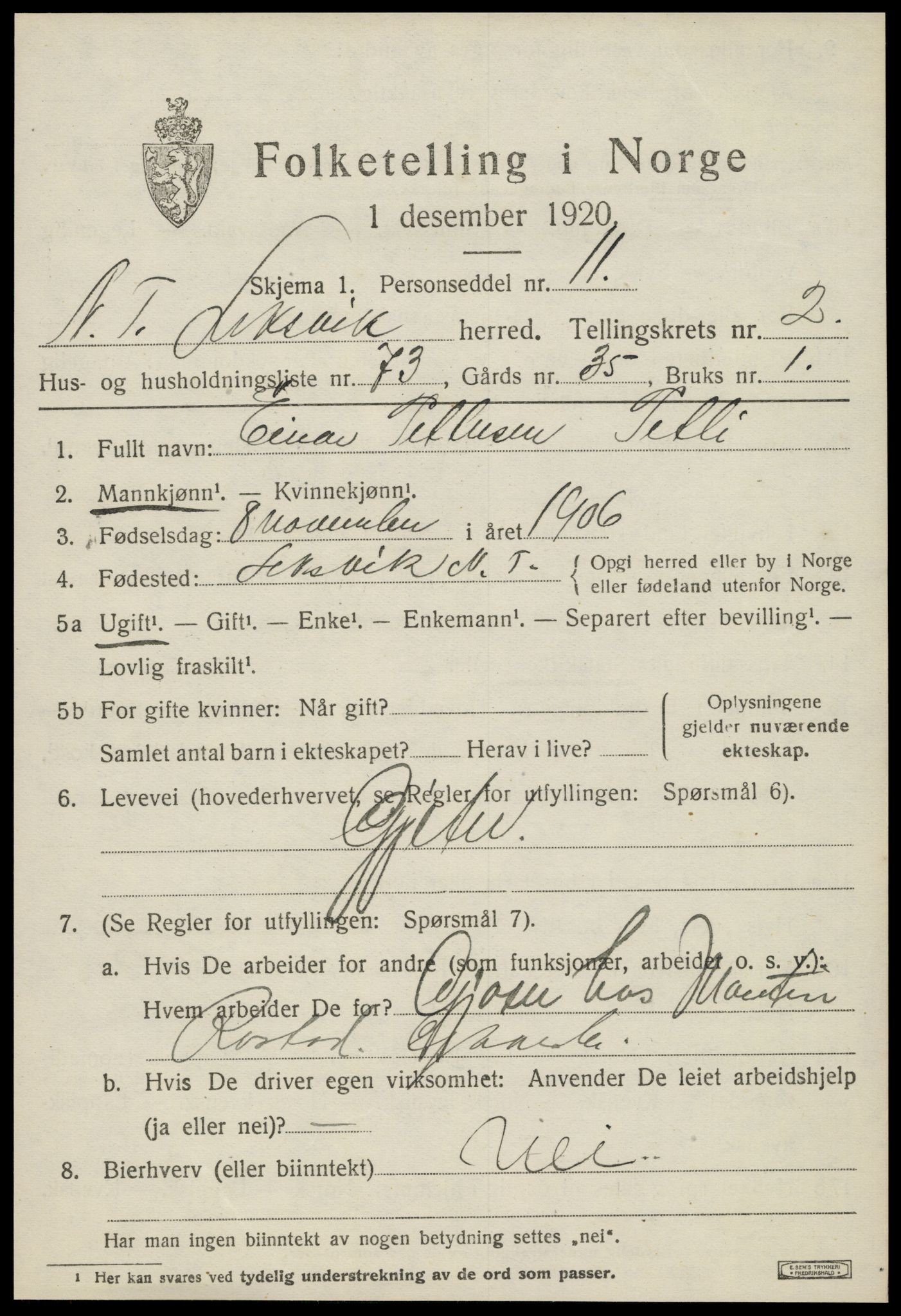 SAT, 1920 census for Leksvik, 1920, p. 2586