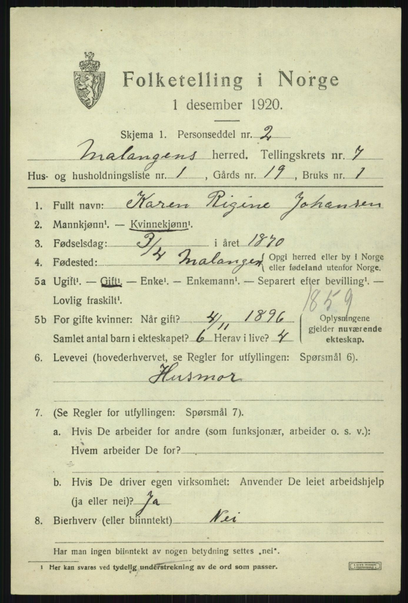 SATØ, 1920 census for Malangen, 1920, p. 2770