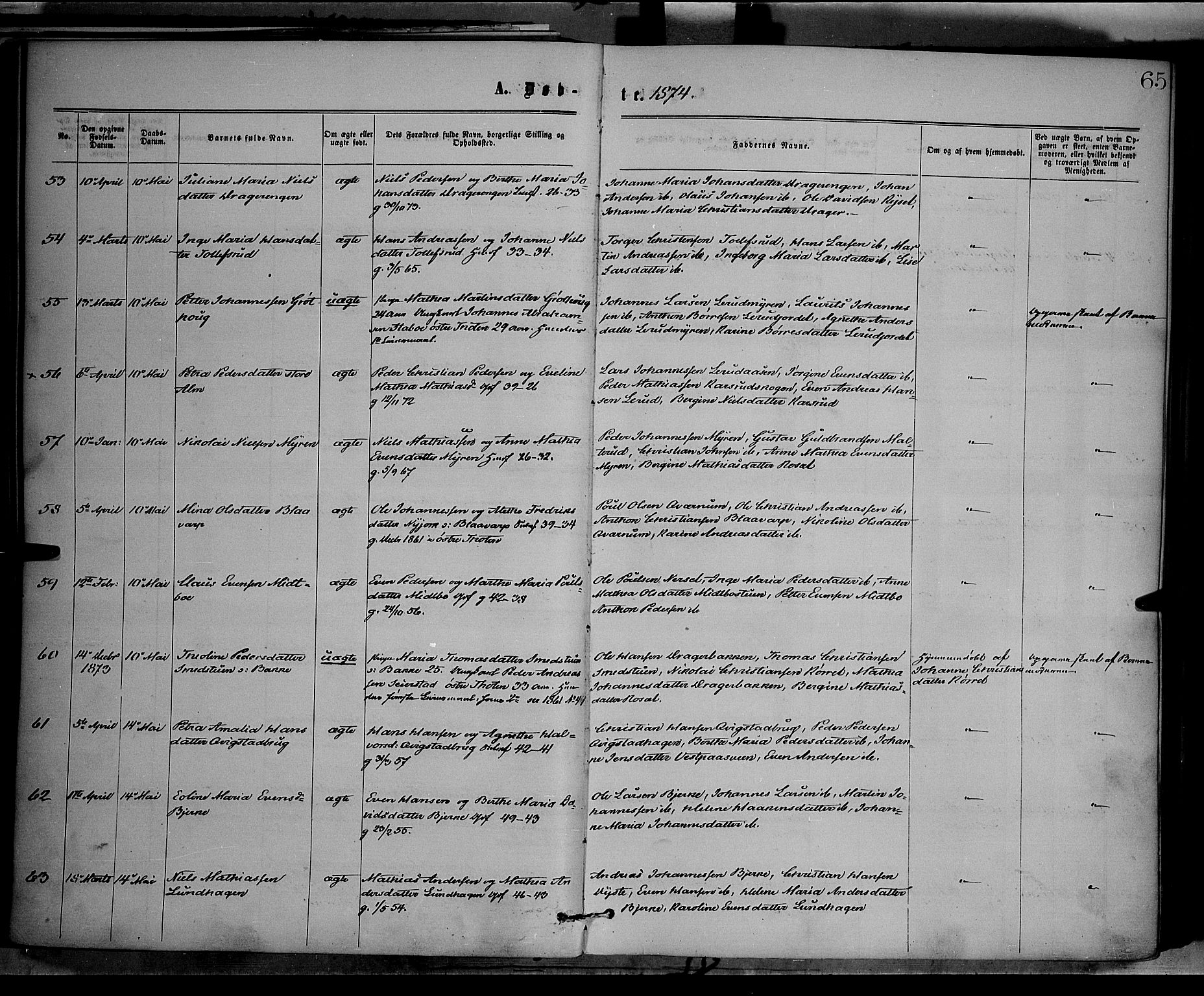 Vestre Toten prestekontor, AV/SAH-PREST-108/H/Ha/Haa/L0008: Parish register (official) no. 8, 1870-1877, p. 65