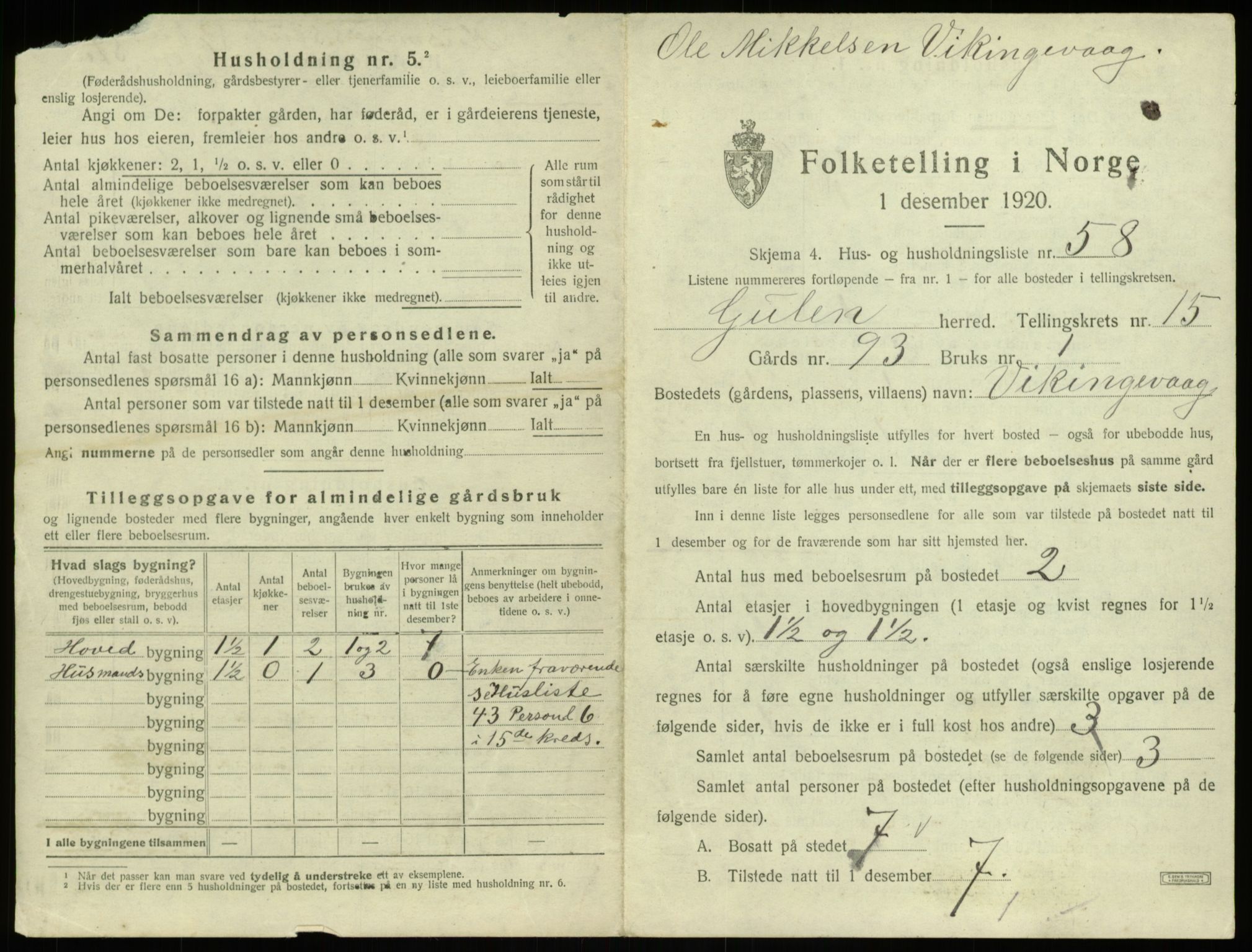 SAB, 1920 census for Gulen, 1920, p. 1034