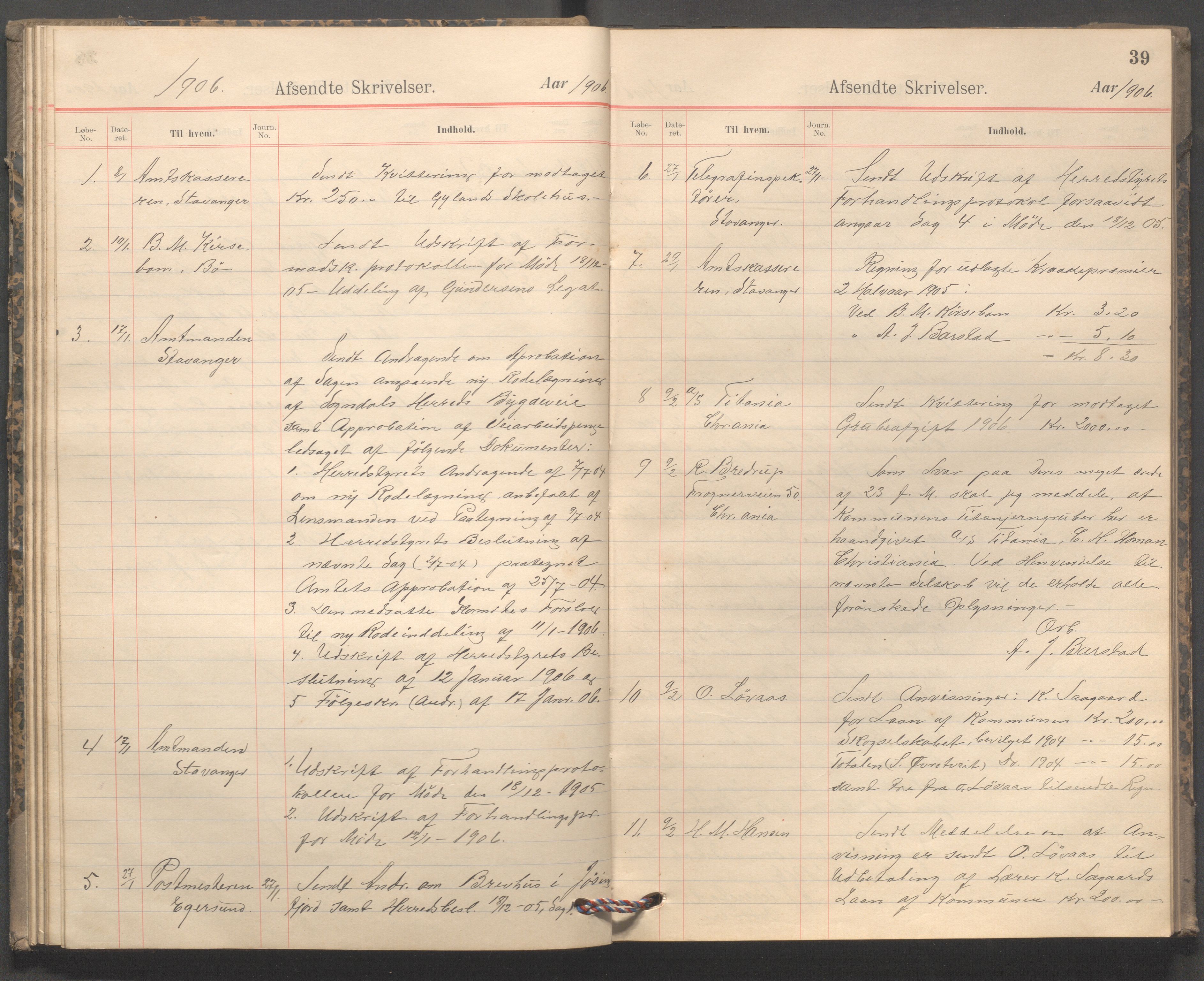 Sokndal kommune - Formannskapet/Sentraladministrasjonen, IKAR/K-101099/B/L0003: Kopibok, 1904-1913, p. 39