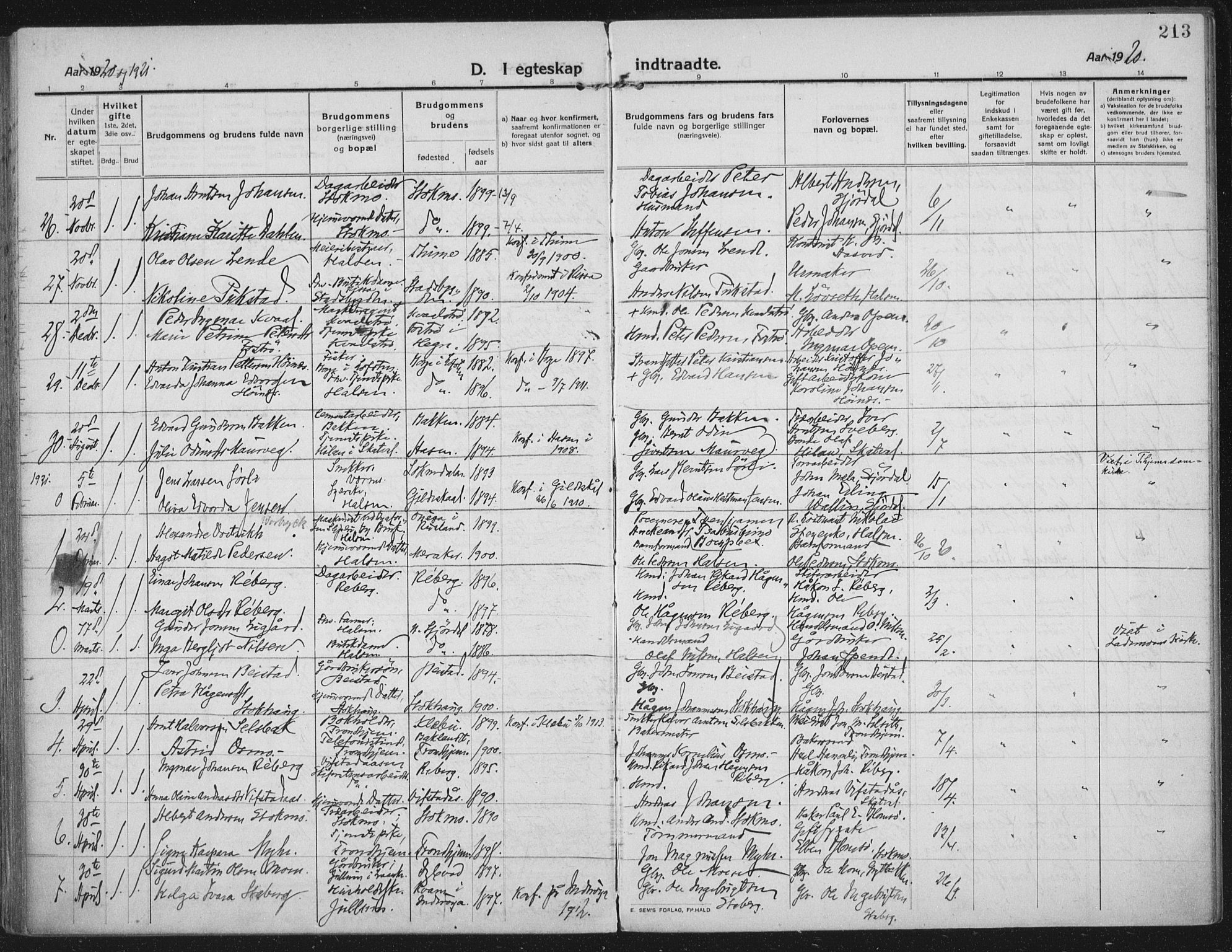 Ministerialprotokoller, klokkerbøker og fødselsregistre - Nord-Trøndelag, AV/SAT-A-1458/709/L0083: Parish register (official) no. 709A23, 1916-1928, p. 213