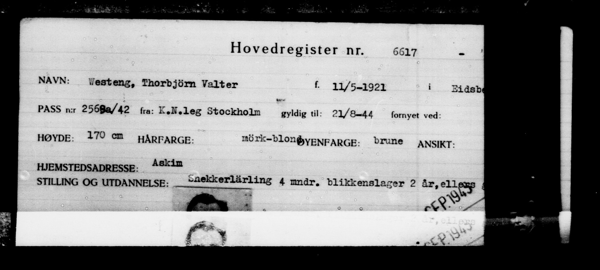Utenriksstasjonene, Legasjonen i Stockholm, Flyktningkontoret, AV/RA-S-6753/V/Va/L0005: Kjesäterkartoteket, flyktninger med registreringsnr. 6600-9417, 1940-1945, p. 24
