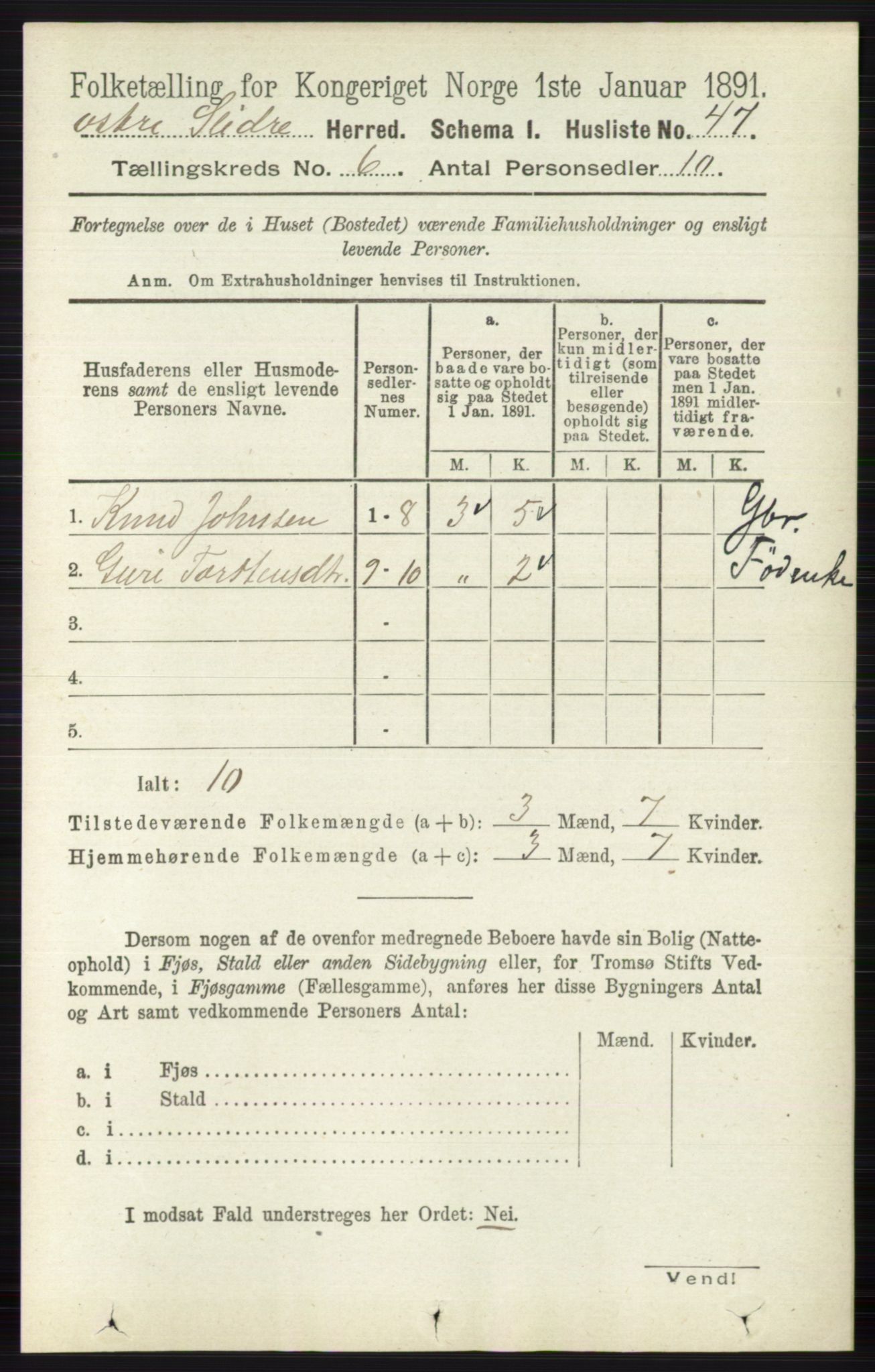 RA, 1891 census for 0544 Øystre Slidre, 1891, p. 1787