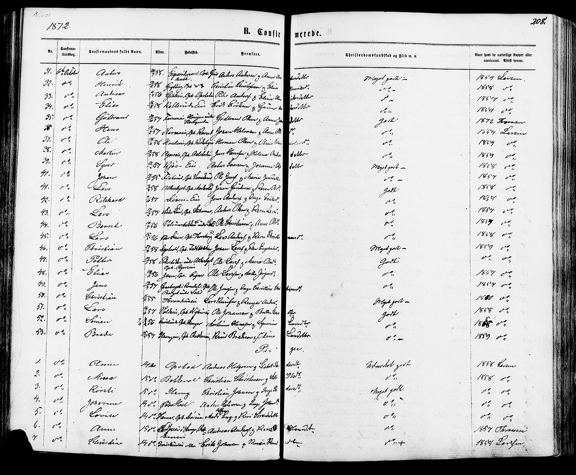 Vang prestekontor, Hedmark, AV/SAH-PREST-008/H/Ha/Haa/L0015: Parish register (official) no. 15, 1871-1885, p. 208