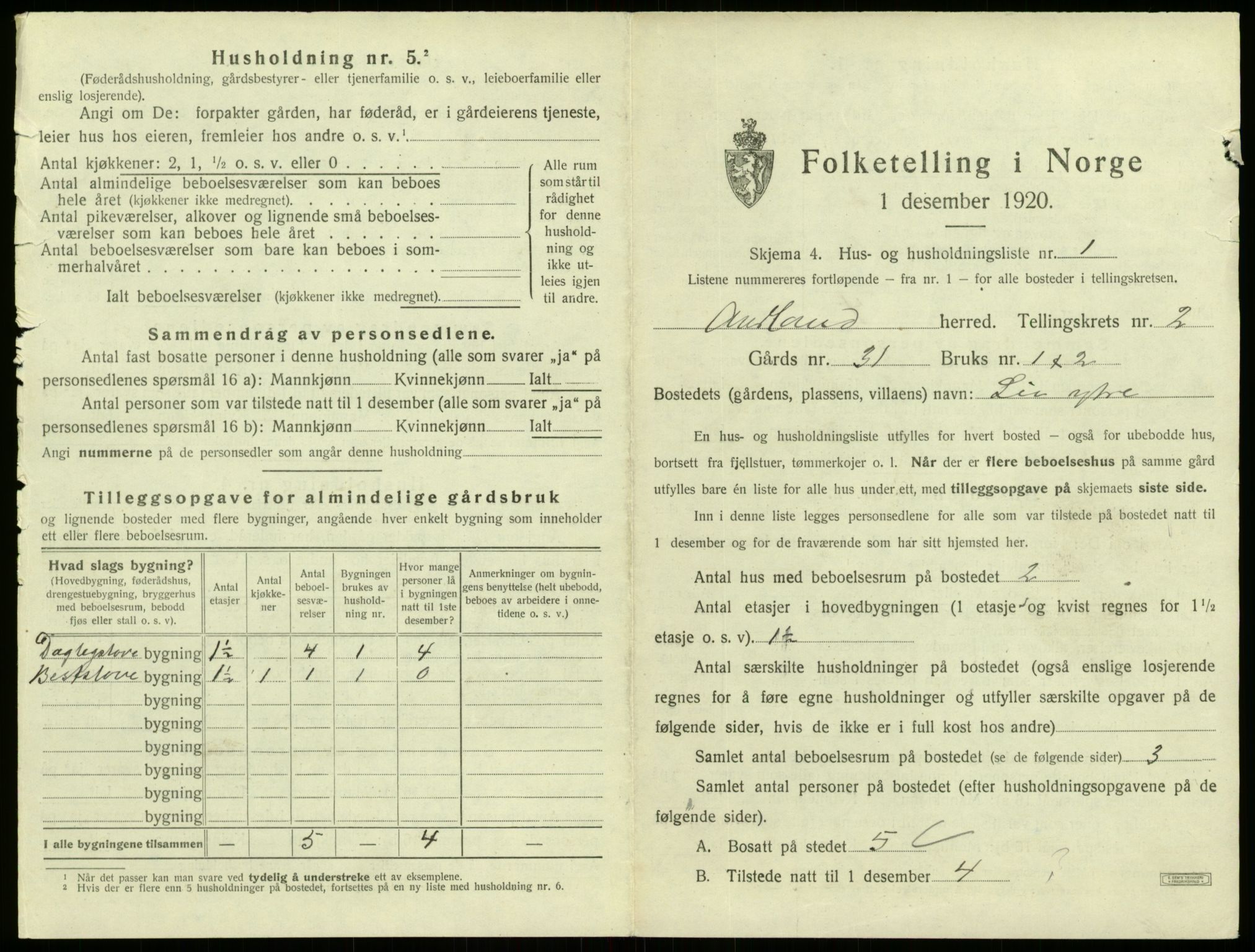 SAB, 1920 census for Aurland, 1920, p. 196