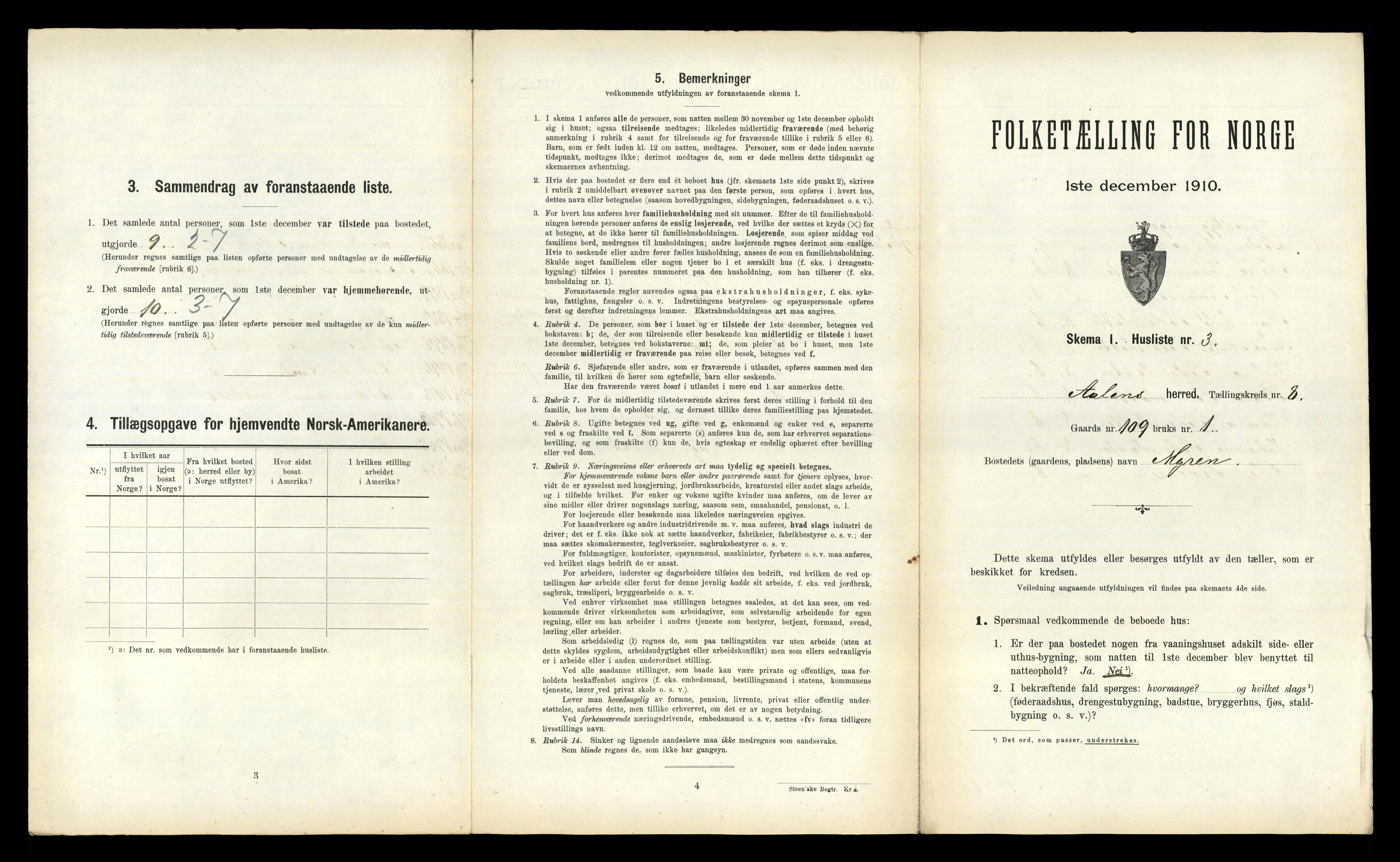 RA, 1910 census for Ålen, 1910, p. 633