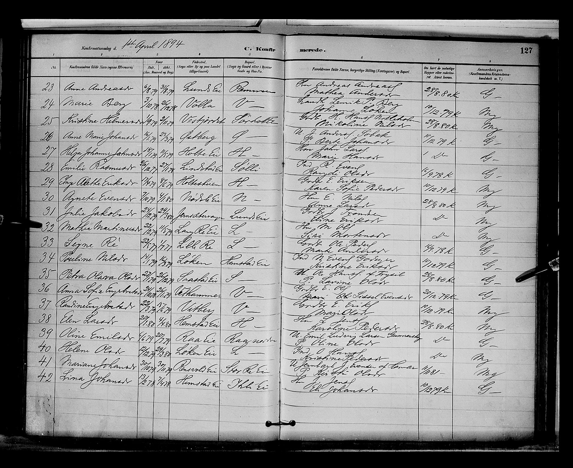 Stange prestekontor, AV/SAH-PREST-002/L/L0009: Parish register (copy) no. 9, 1883-1899, p. 127