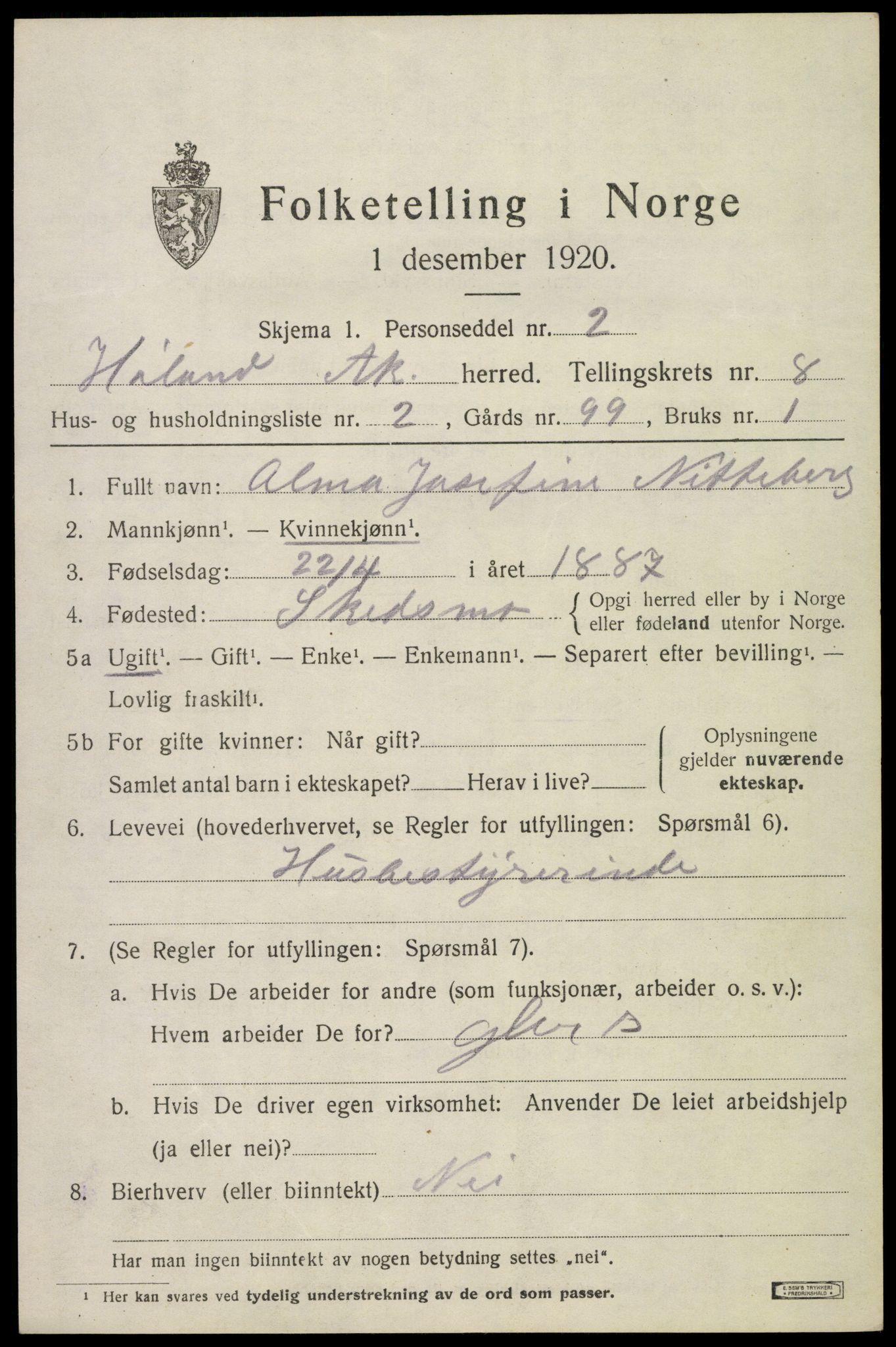 SAO, 1920 census for Høland, 1920, p. 9685