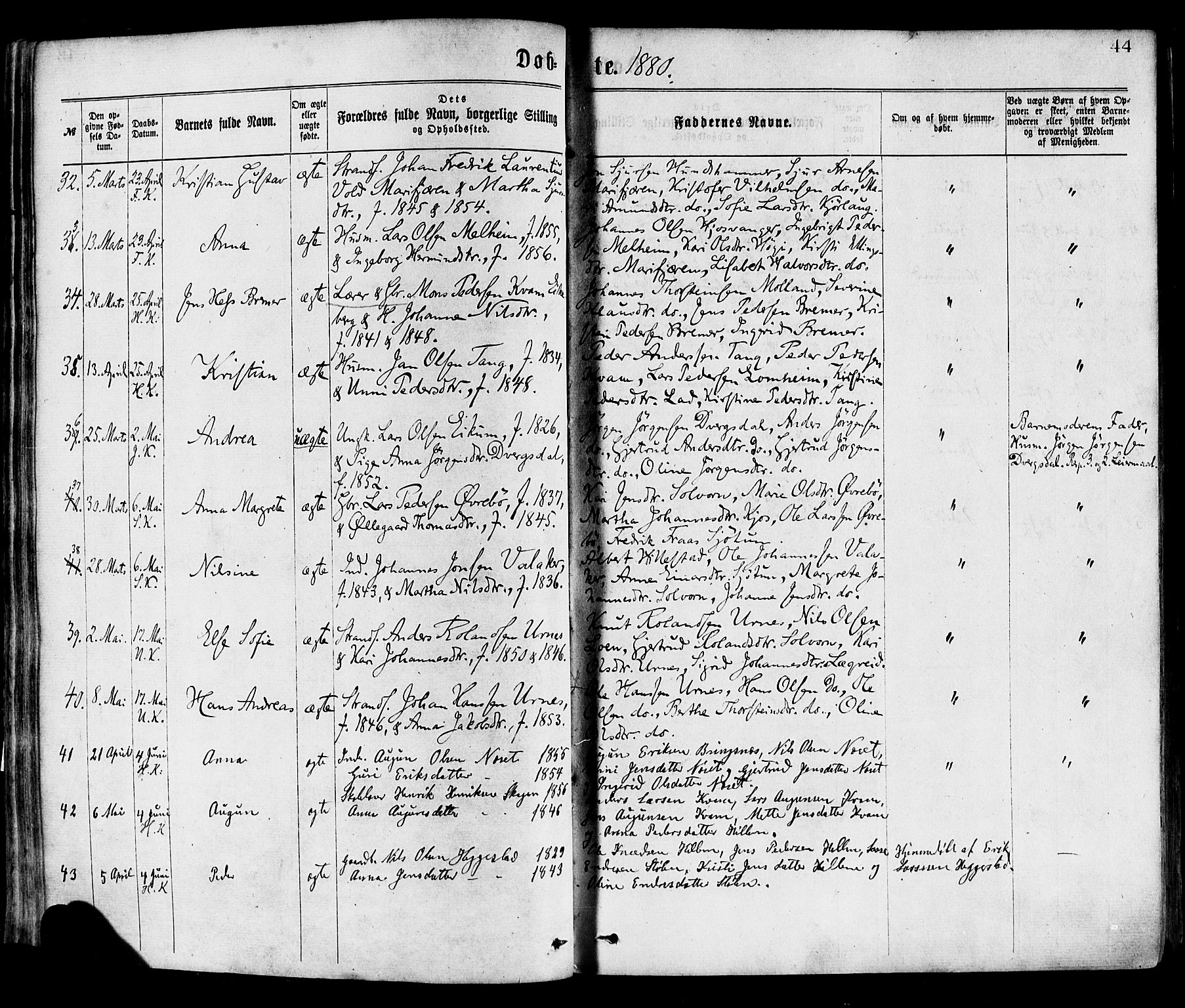 Hafslo sokneprestembete, AV/SAB-A-80301/H/Haa/Haaa/L0011: Parish register (official) no. A 11, 1873-1886, p. 44