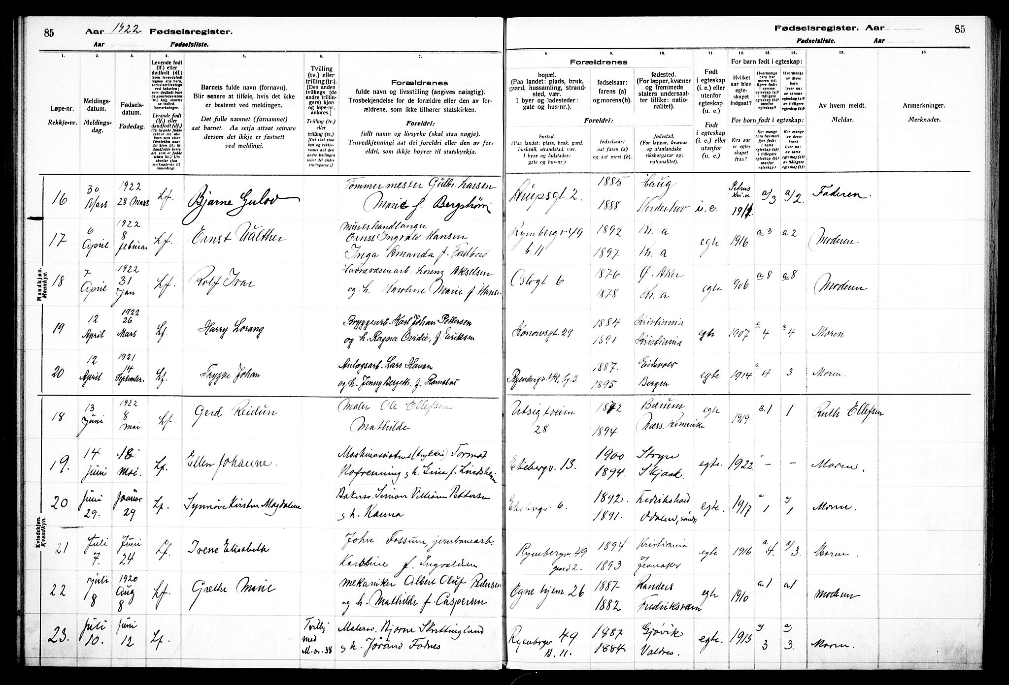 Gamlebyen prestekontor Kirkebøker, AV/SAO-A-10884/J/Ja/L0001: Birth register no. 1, 1916-1936, p. 85