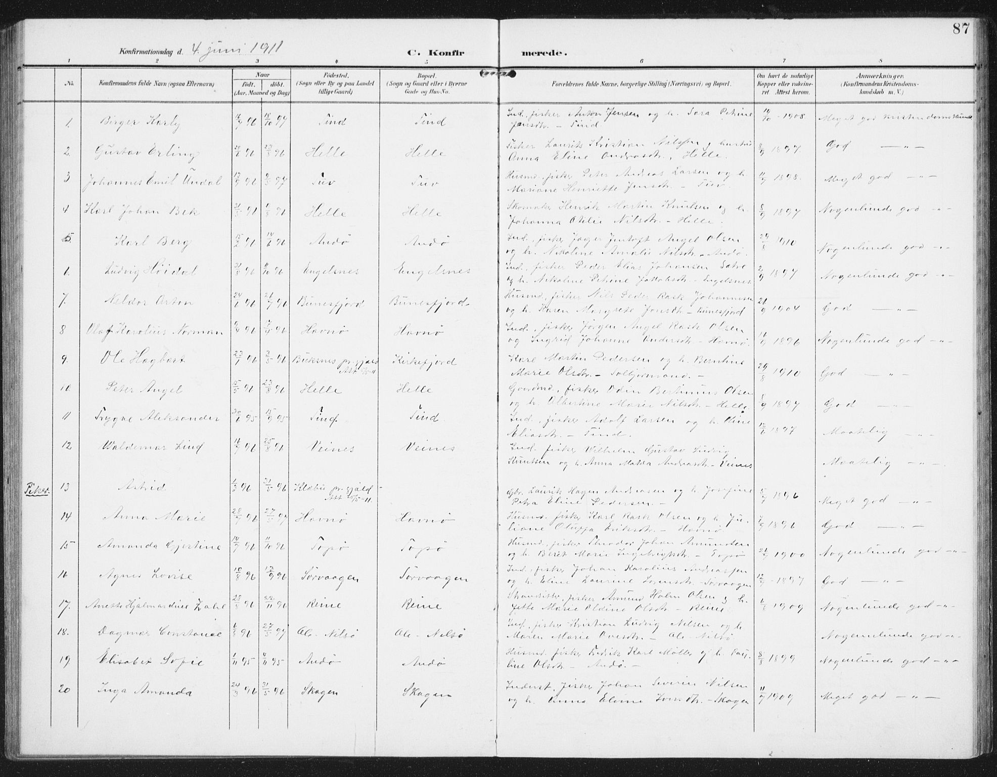 Ministerialprotokoller, klokkerbøker og fødselsregistre - Nordland, AV/SAT-A-1459/886/L1221: Parish register (official) no. 886A03, 1903-1913, p. 87