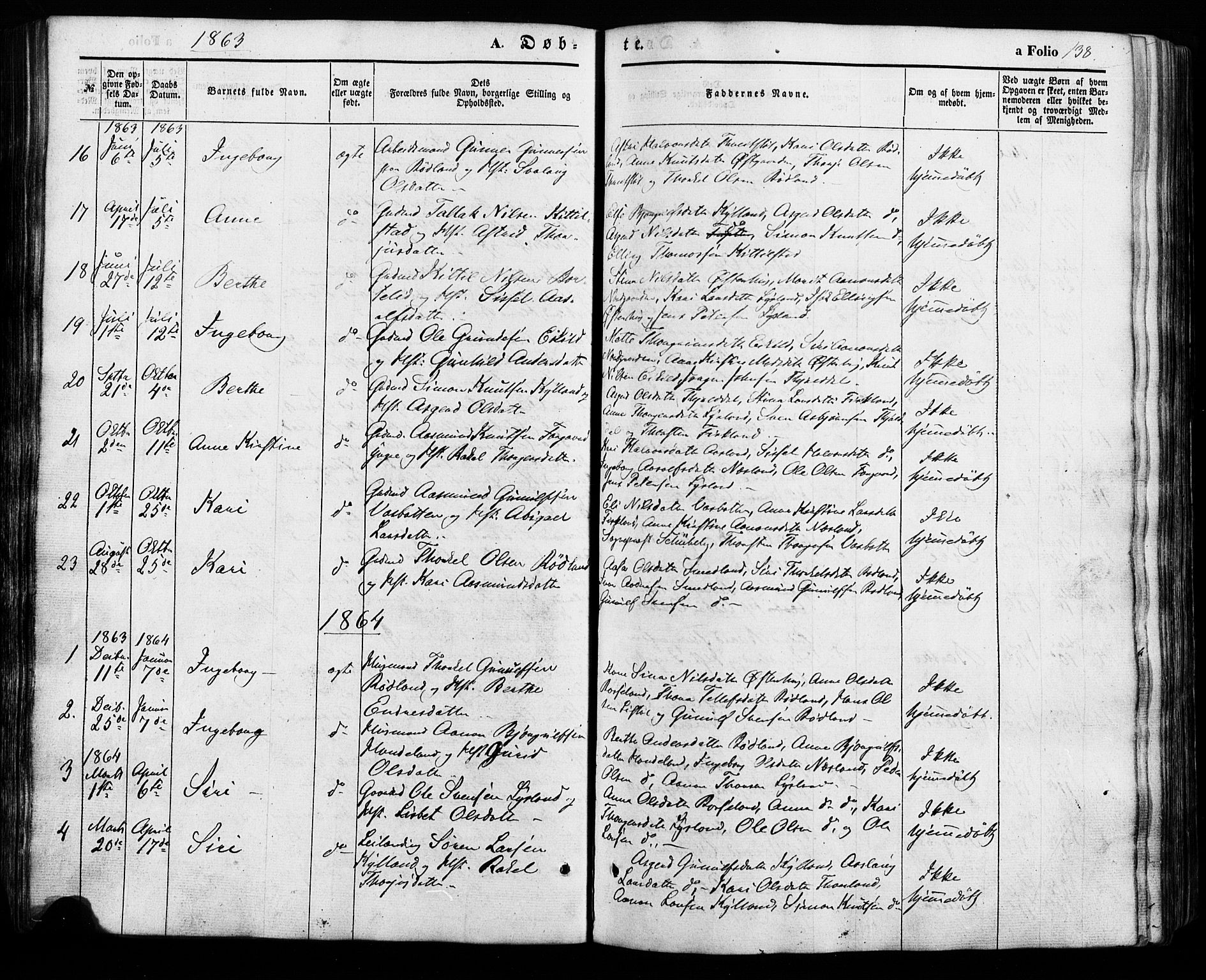 Åseral sokneprestkontor, SAK/1111-0051/F/Fa/L0002: Parish register (official) no. A 2, 1854-1884, p. 138
