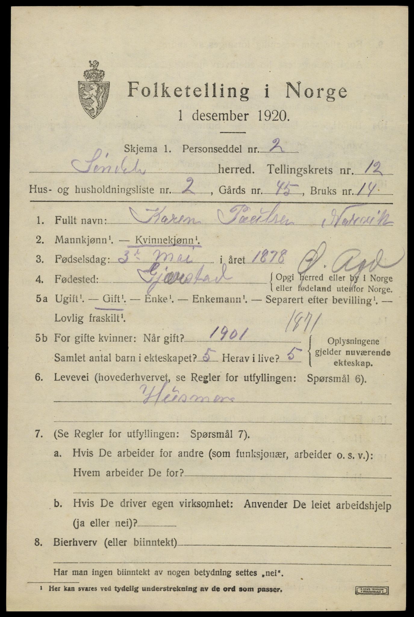 SAK, 1920 census for Søndeled, 1920, p. 5843