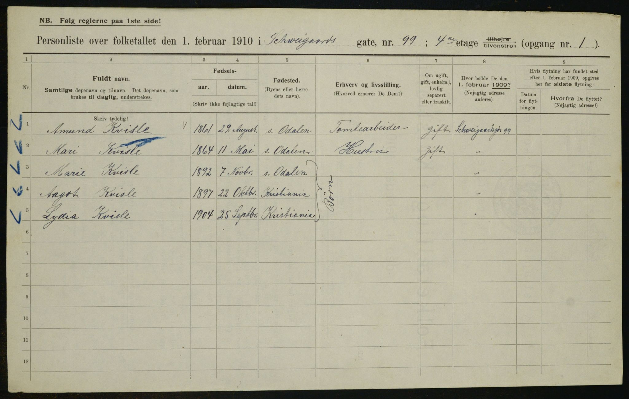 OBA, Municipal Census 1910 for Kristiania, 1910, p. 88496