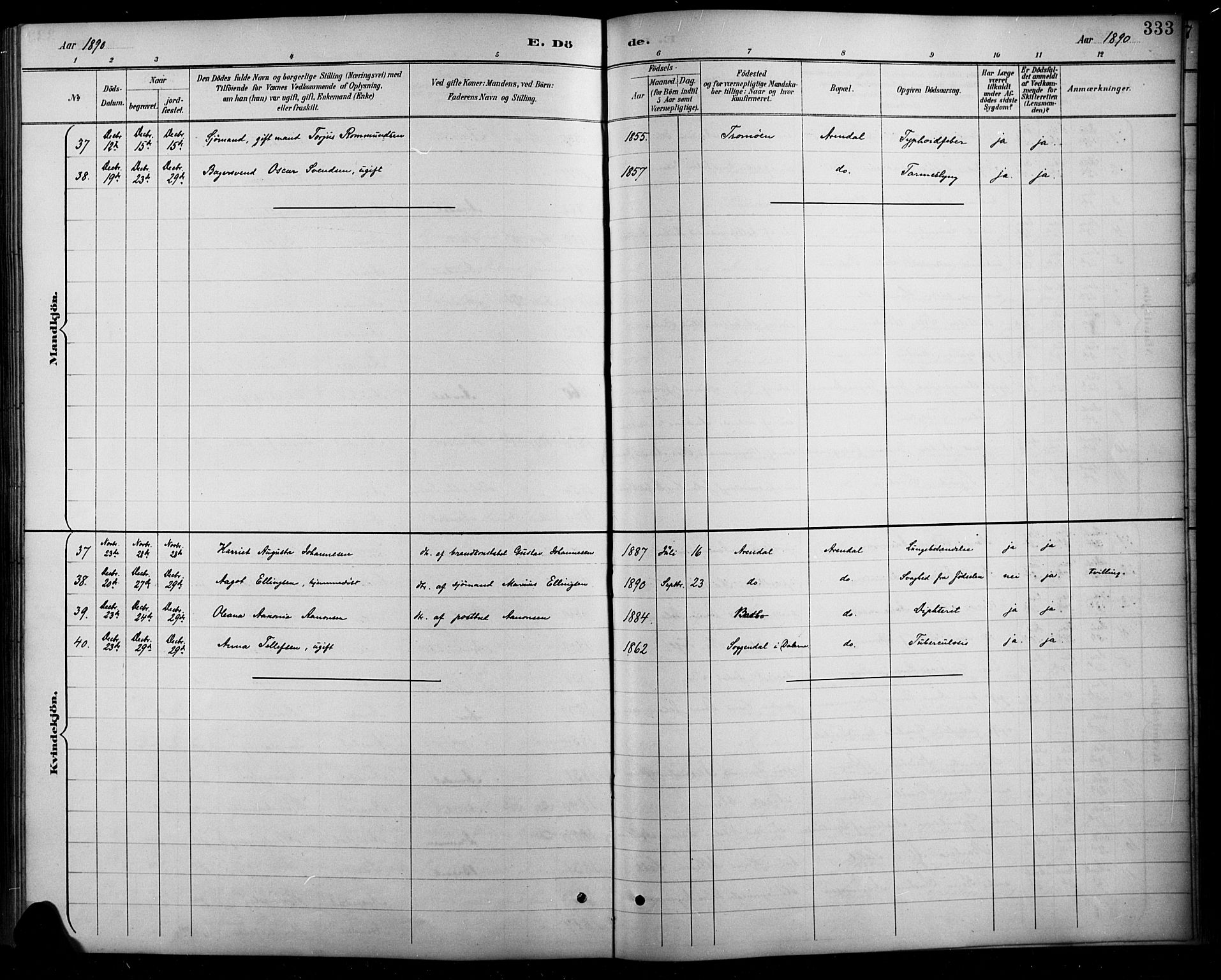 Arendal sokneprestkontor, Trefoldighet, AV/SAK-1111-0040/F/Fb/L0006: Parish register (copy) no. B 6, 1889-1916, p. 333