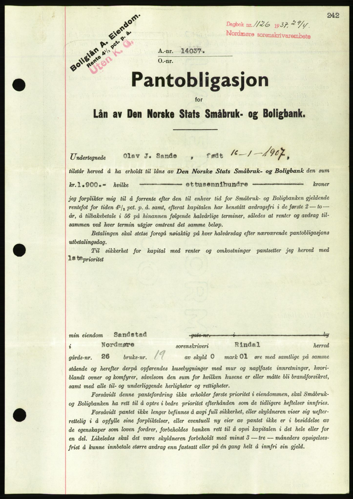 Nordmøre sorenskriveri, AV/SAT-A-4132/1/2/2Ca/L0091: Mortgage book no. B81, 1937-1937, Diary no: : 1126/1937