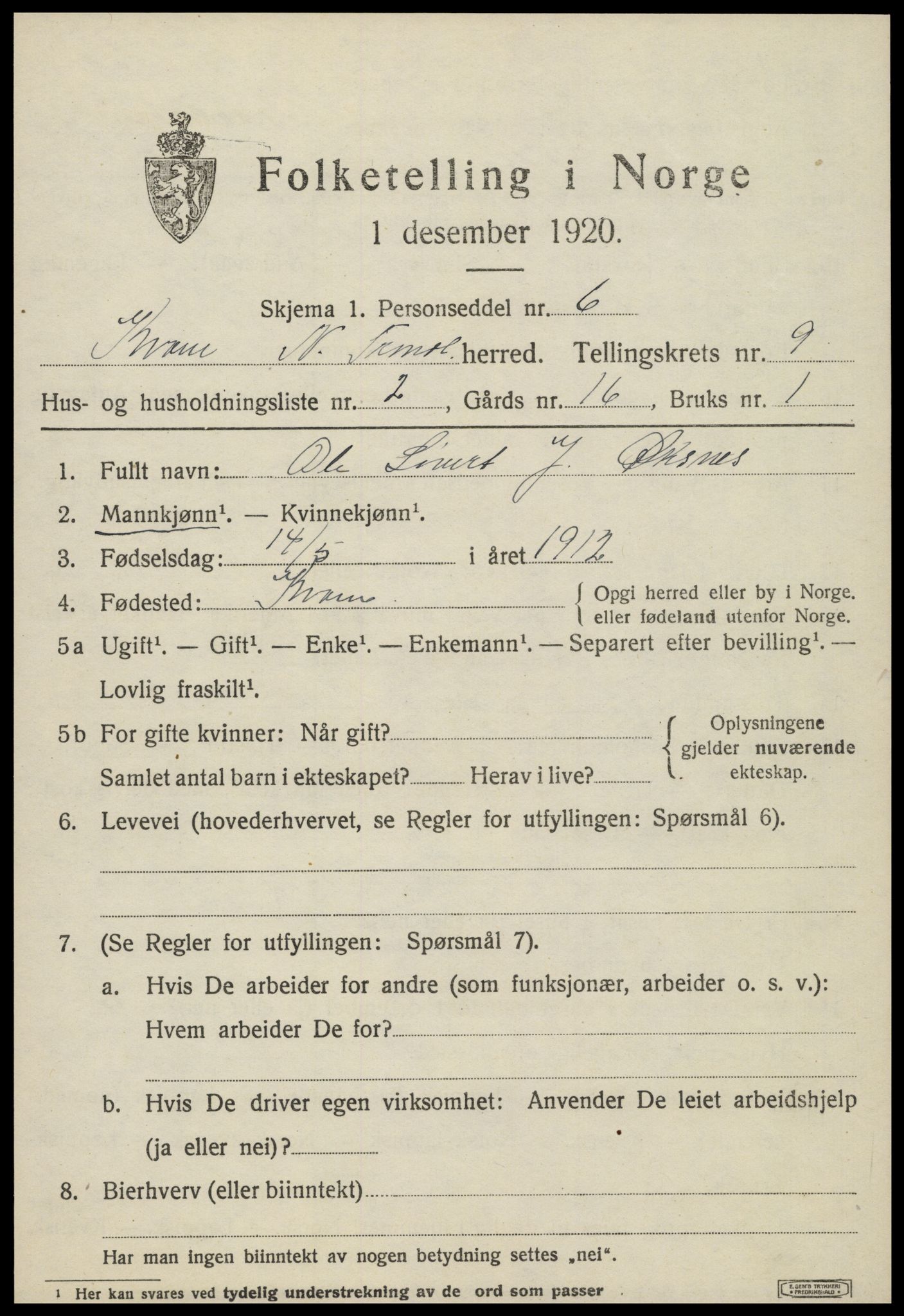 SAT, 1920 census for Kvam, 1920, p. 2351